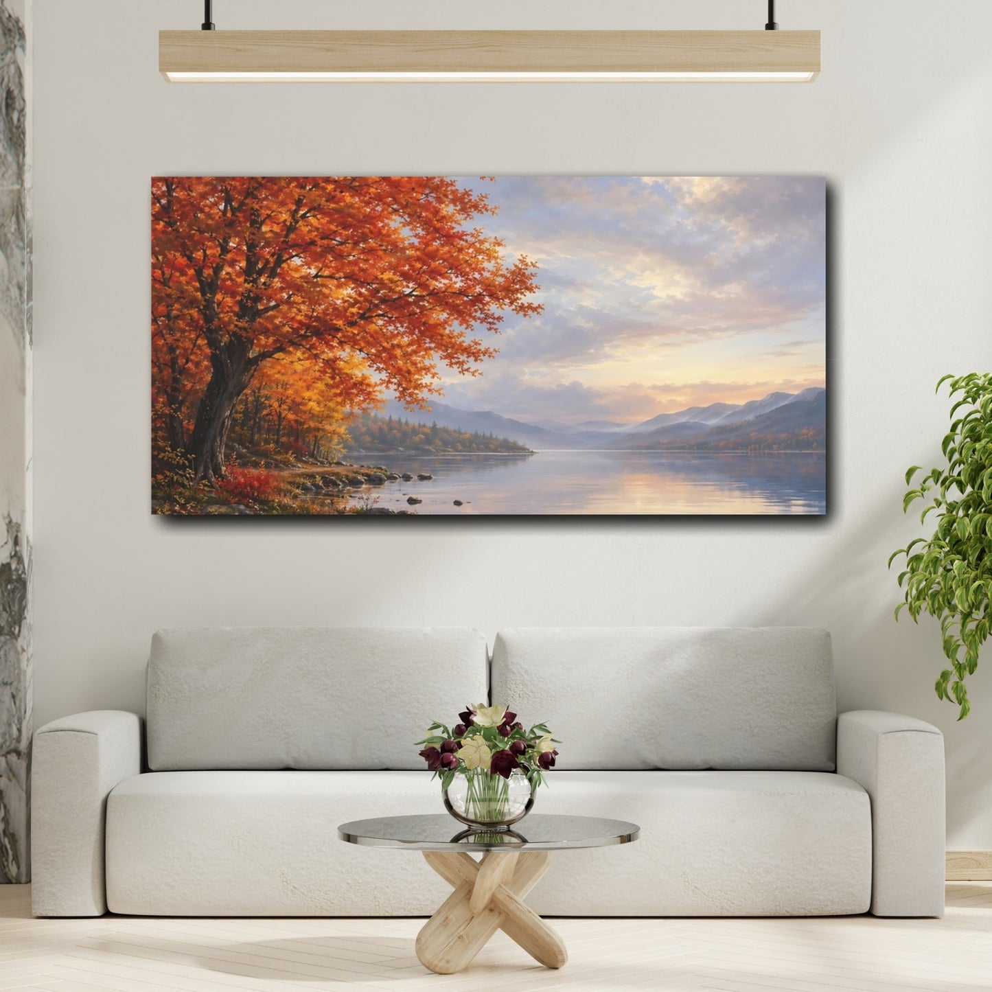 Mockup 3. Nature Autumn Tree Orange And Blue Autumn shown as stretched canvas wall art