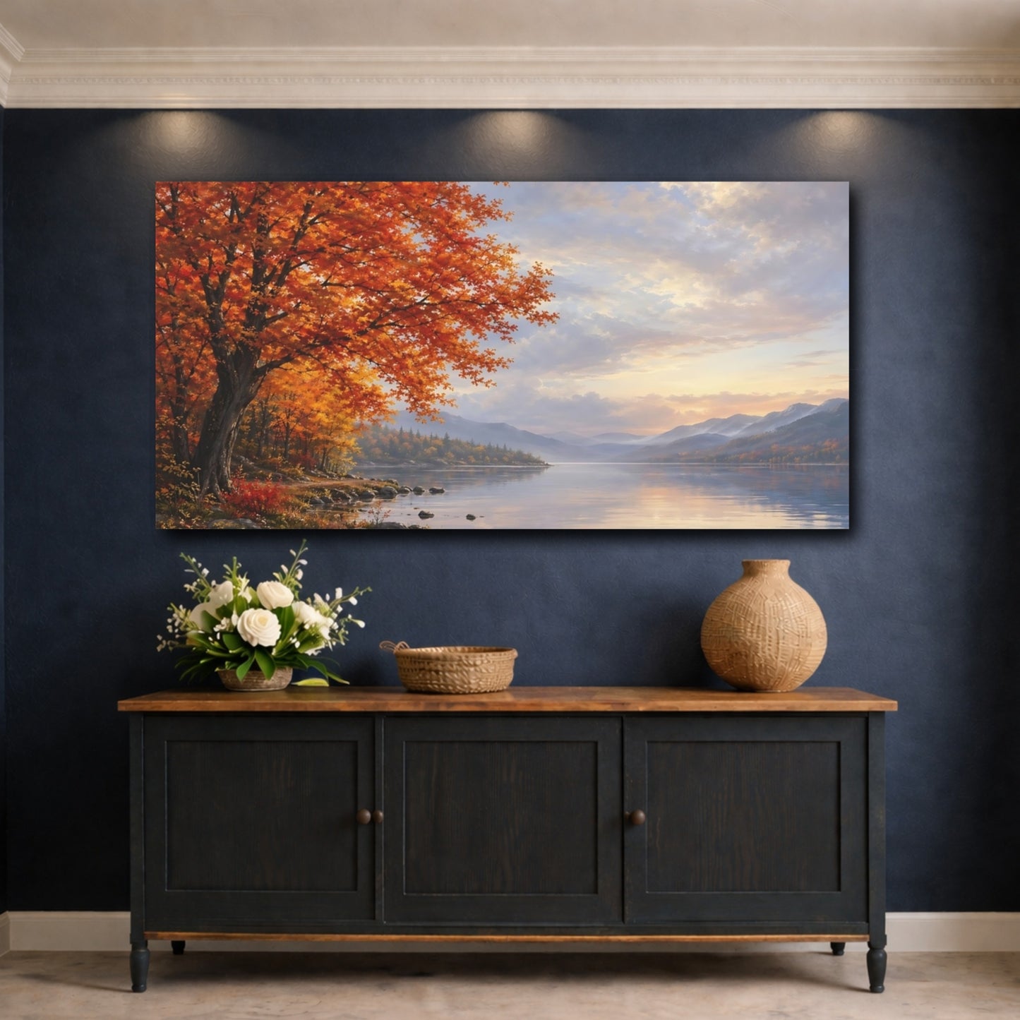 Mockup 4. Nature Autumn Tree Orange And Blue Autumn shown as stretched canvas wall art