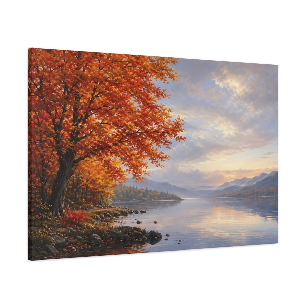 Side Mockup 1. Nature Autumn Tree Orange And Blue shown as stretched canvas wall art