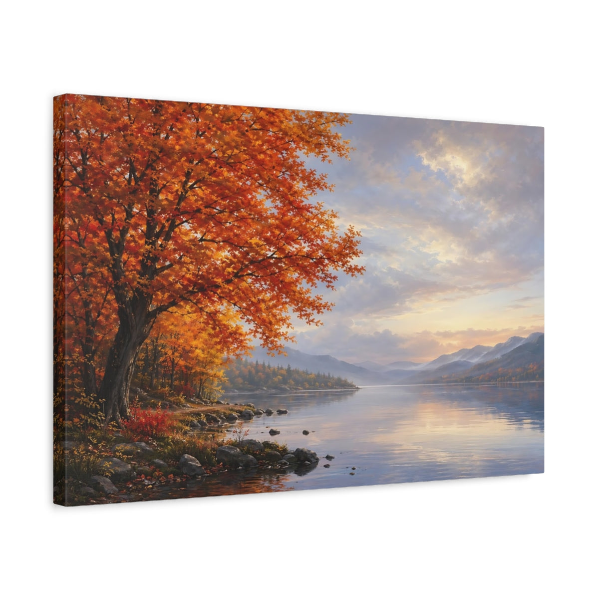 Side Mockup 3. Nature Autumn Tree Orange And Blue shown as stretched canvas wall art
