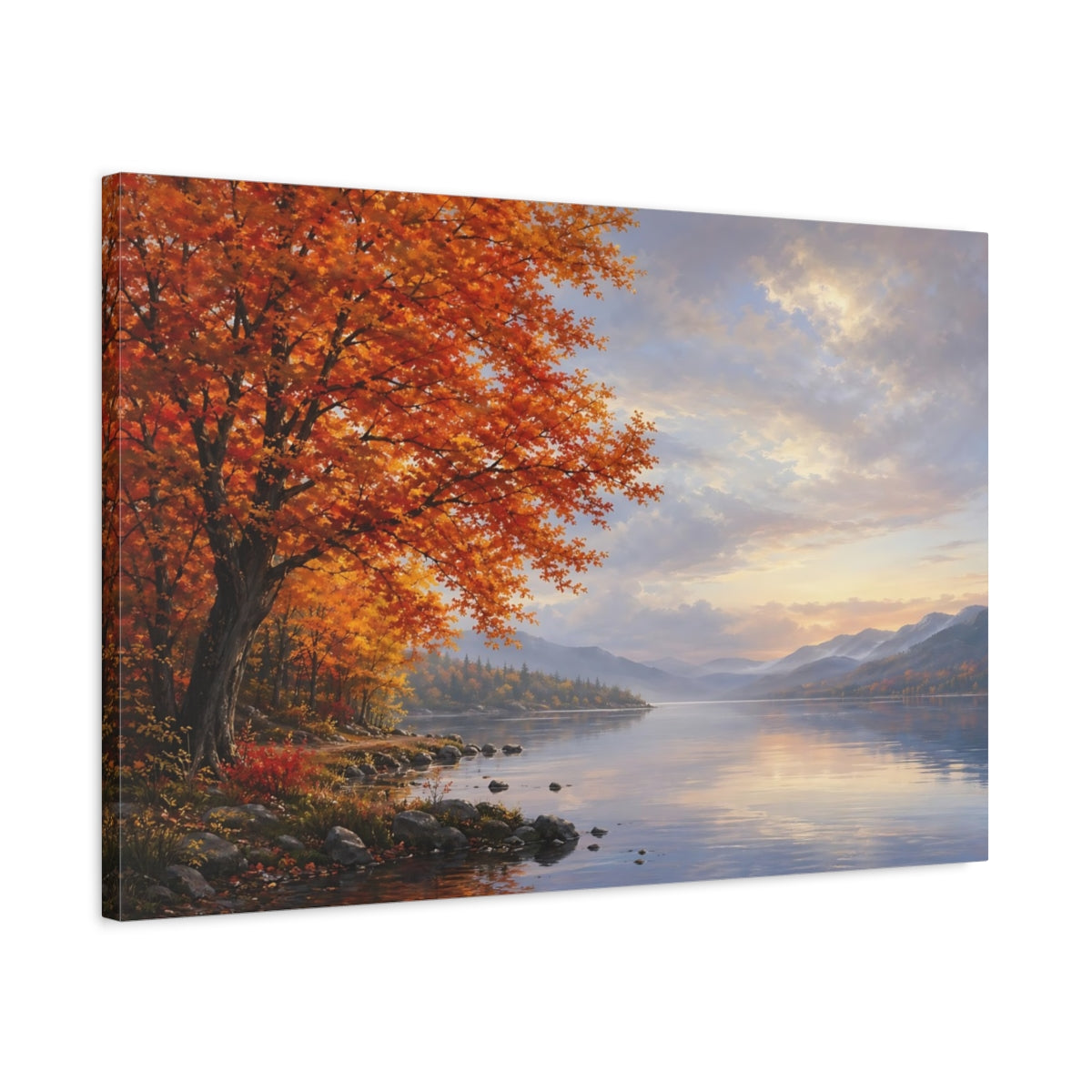 Side Mockup 2. Nature Autumn Tree Orange And Blue shown as stretched canvas wall art