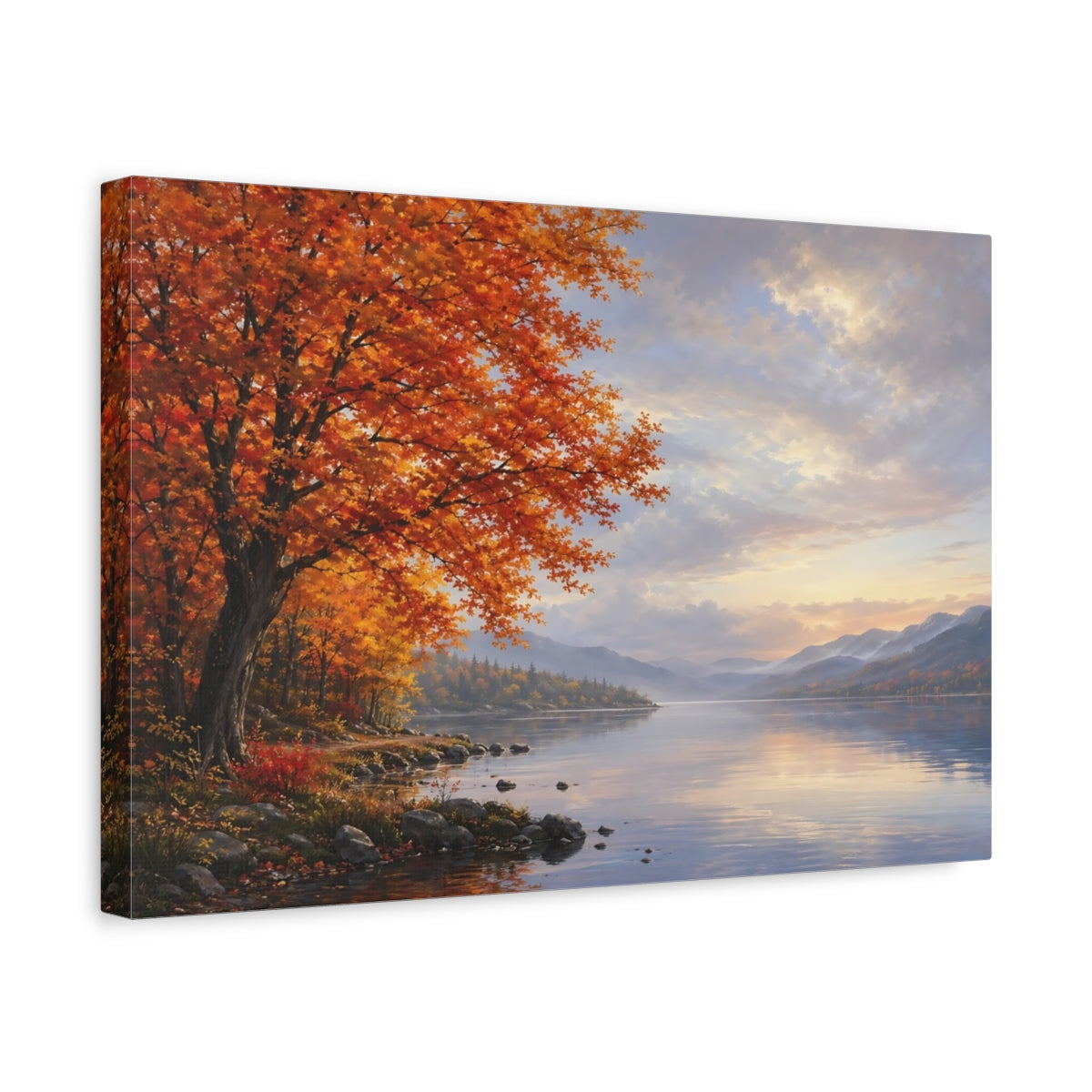 Side Mockup 4. Nature Autumn Tree Orange And Blue shown as stretched canvas wall art