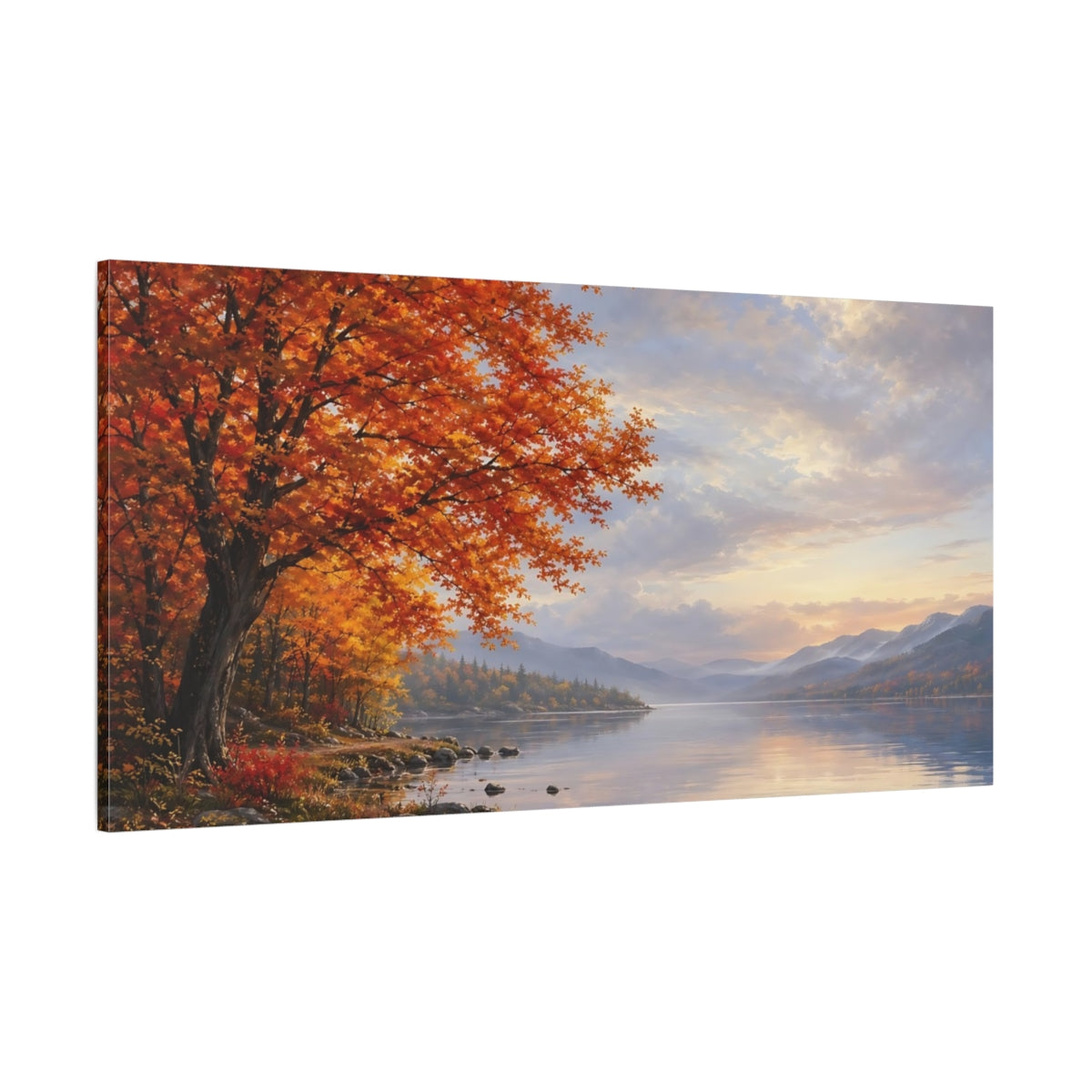 Side Mockup 2. Nature Autumn Tree Orange And Blue Autumn shown as stretched canvas wall art