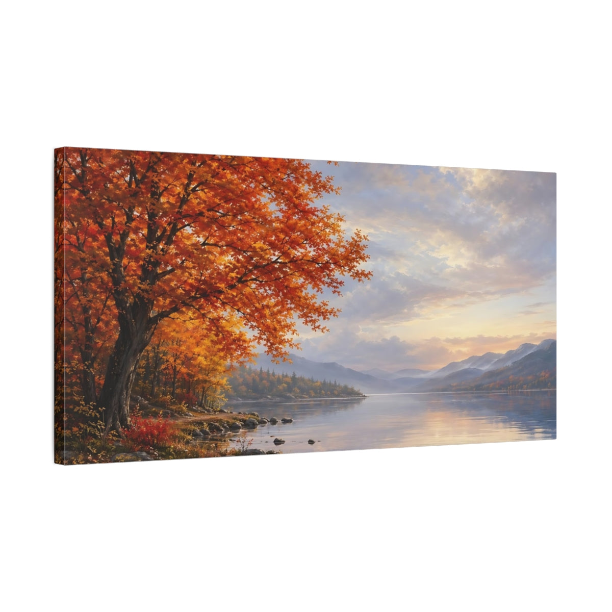 Side Mockup 1. Nature Autumn Tree Orange And Blue Autumn shown as stretched canvas wall art