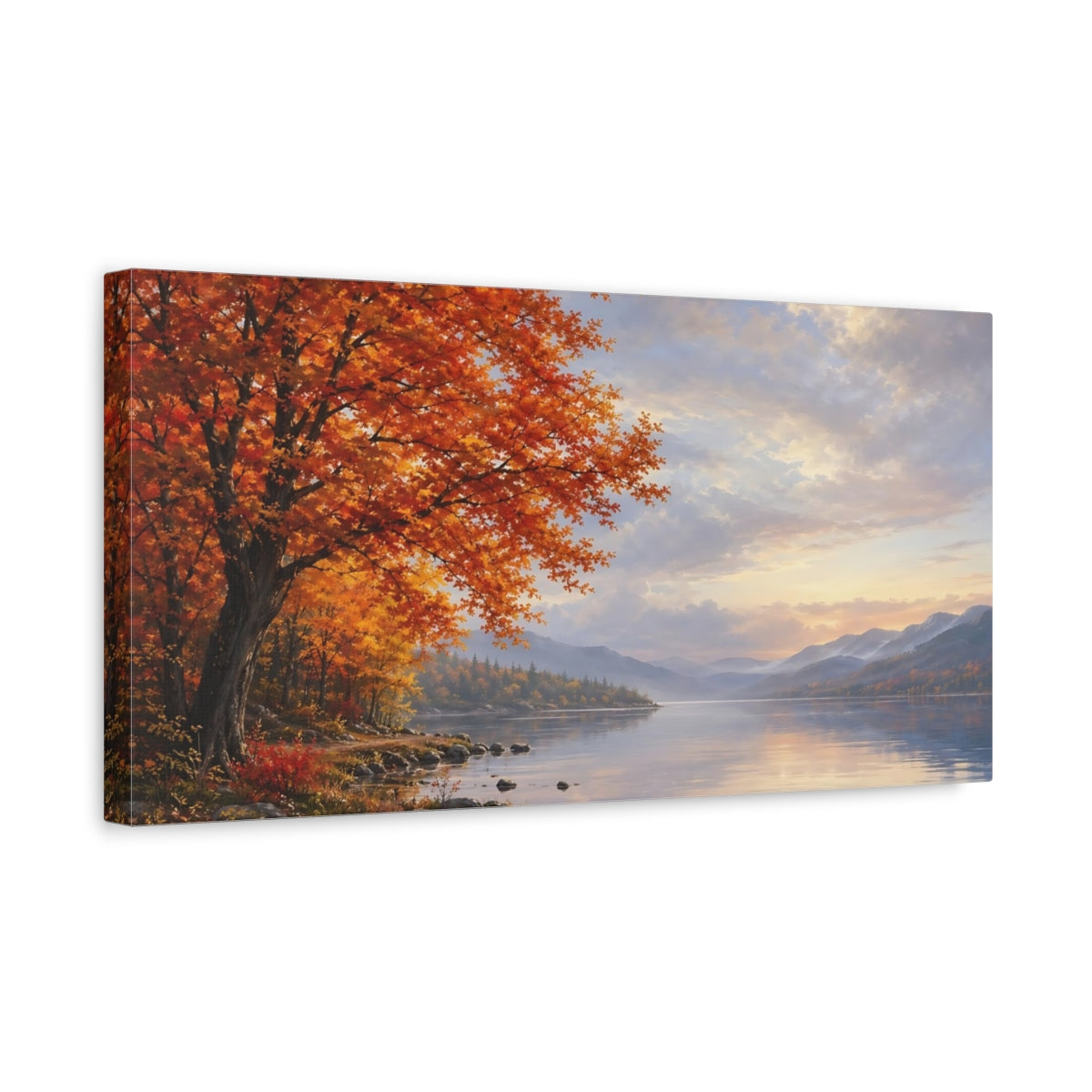 Side Mockup 3. Nature Autumn Tree Orange And Blue Autumn shown as stretched canvas wall art