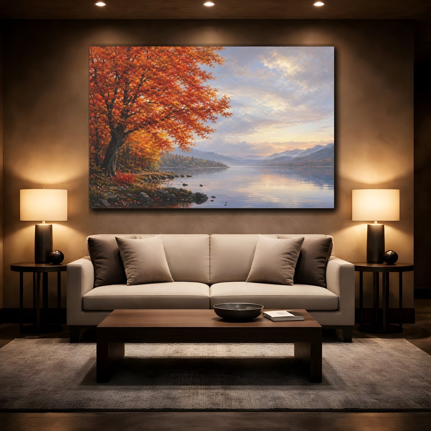 Mockup 2. Nature Autumn Tree Orange And Blue shown as stretched canvas wall art