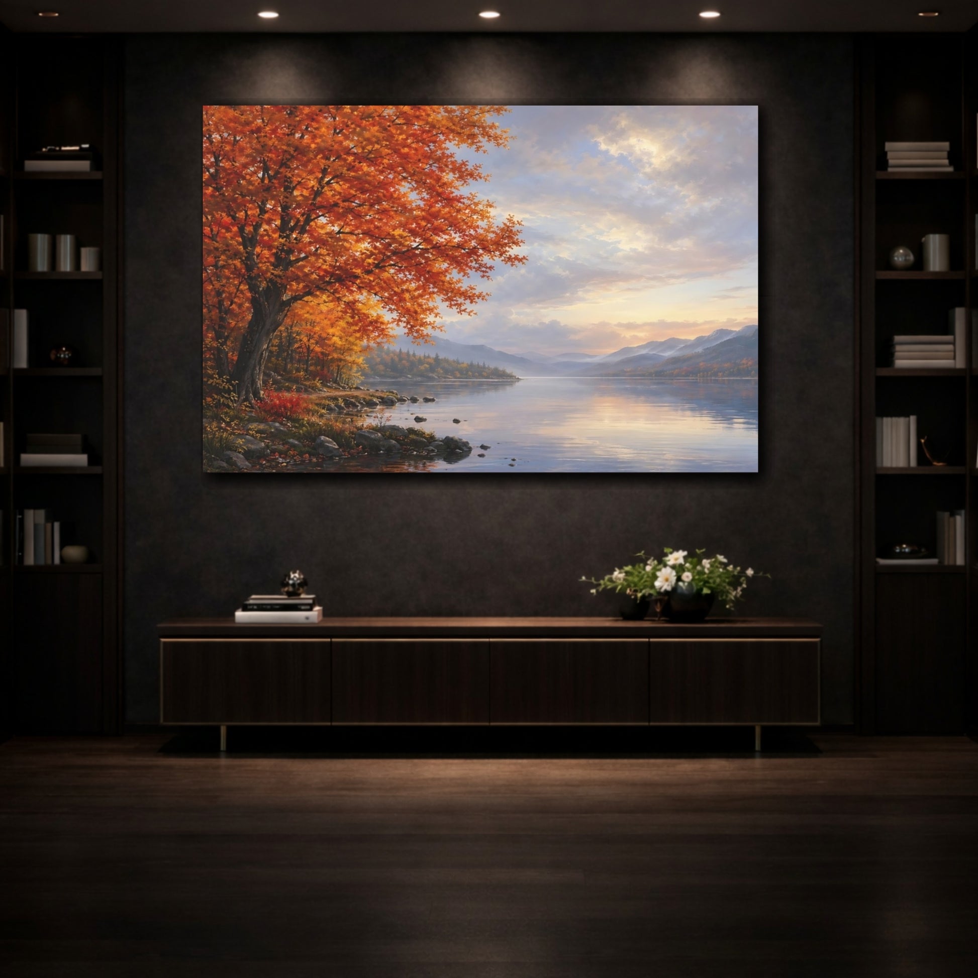 Mockup 3. Nature Autumn Tree Orange And Blue shown as stretched canvas wall art