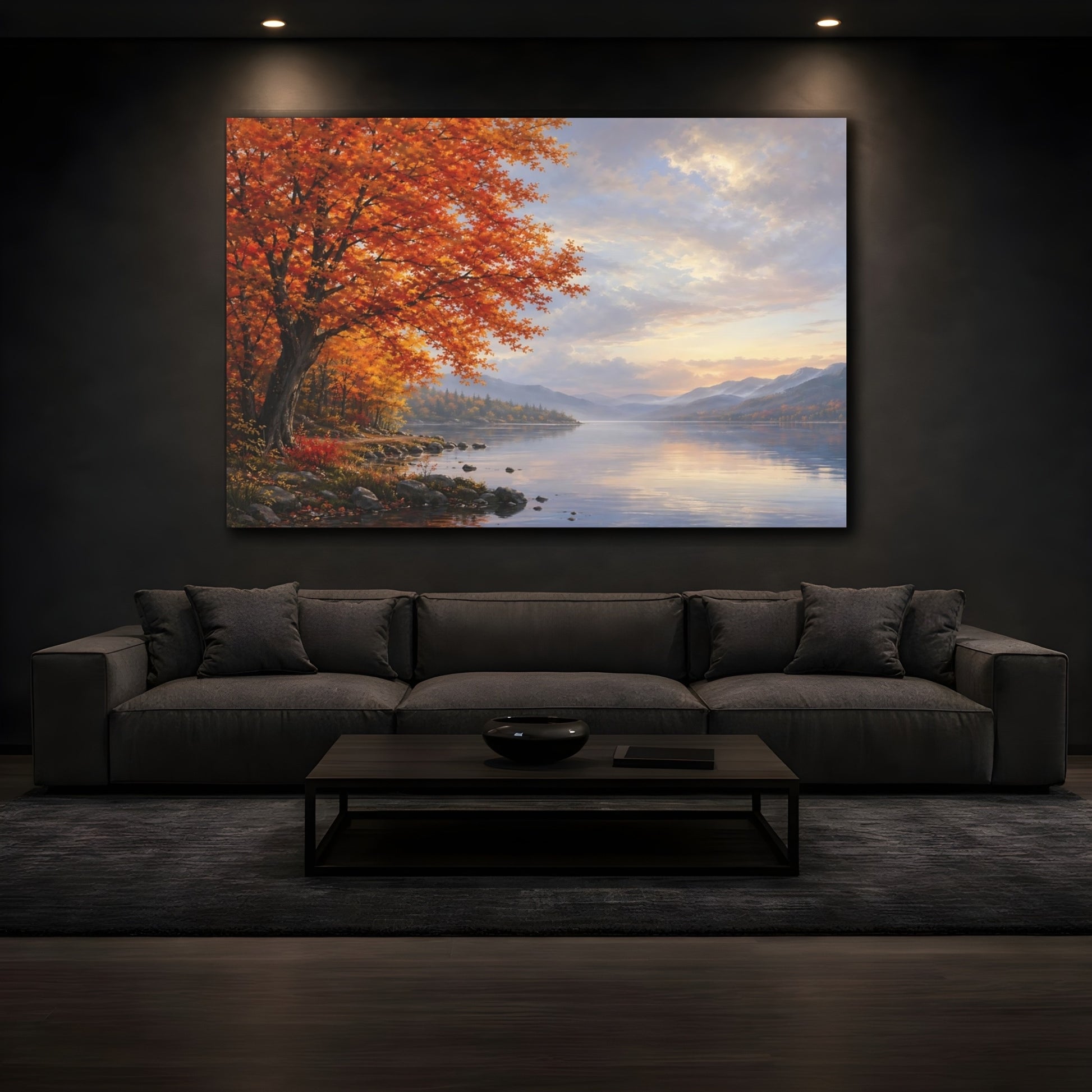 Mockup 4. Nature Autumn Tree Orange And Blue shown as stretched canvas wall art