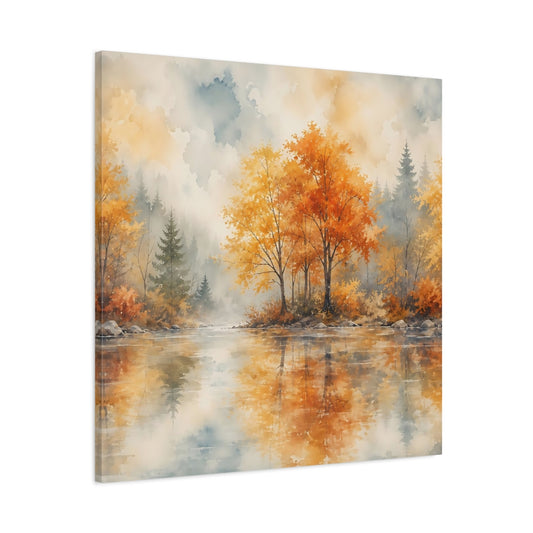 Main Mockup. Nature Autumn Trees Orange And Gold shown as stretched canvas wall art