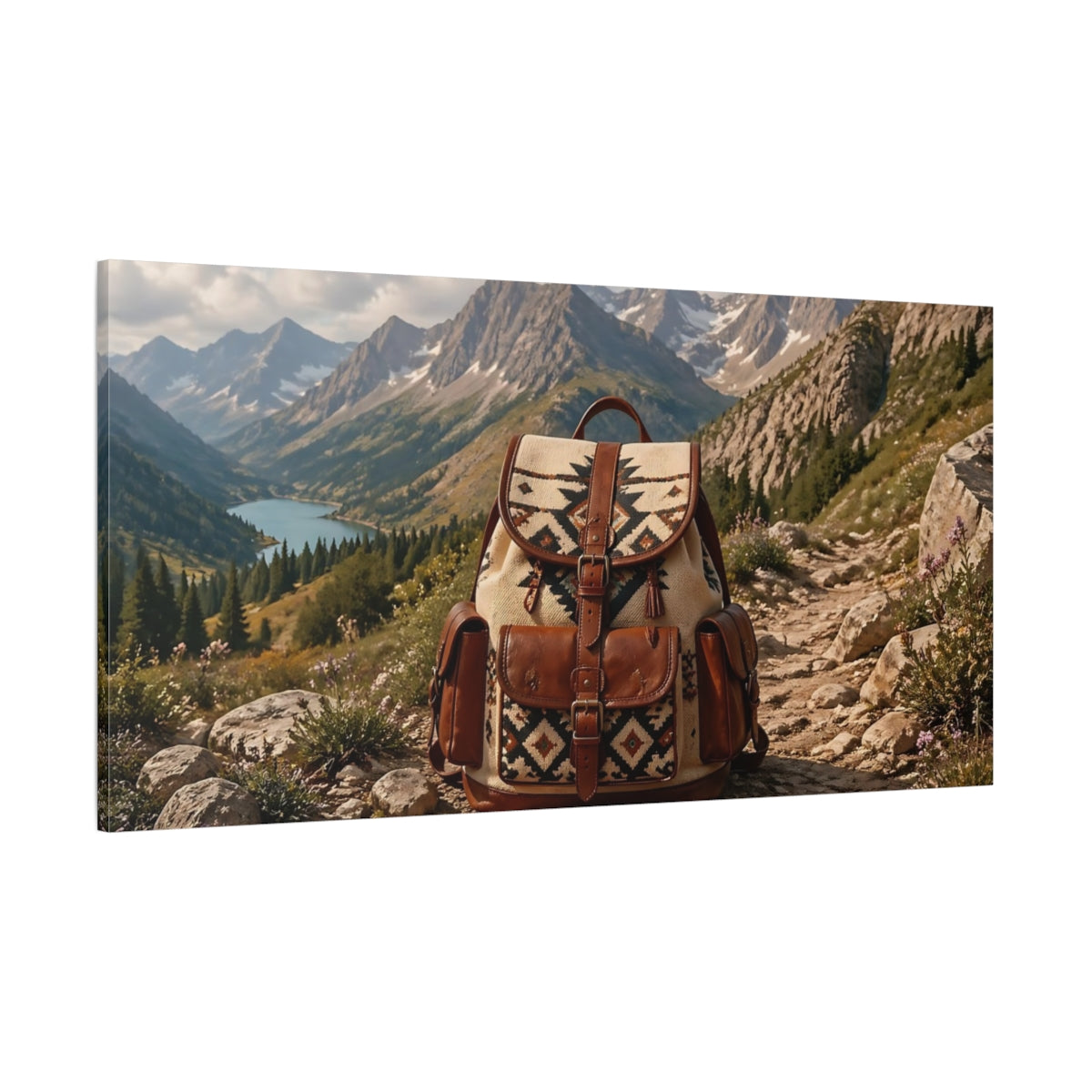 Side Mockup 2. Nature Backpack Rustic Mountain shown as stretched canvas wall art
