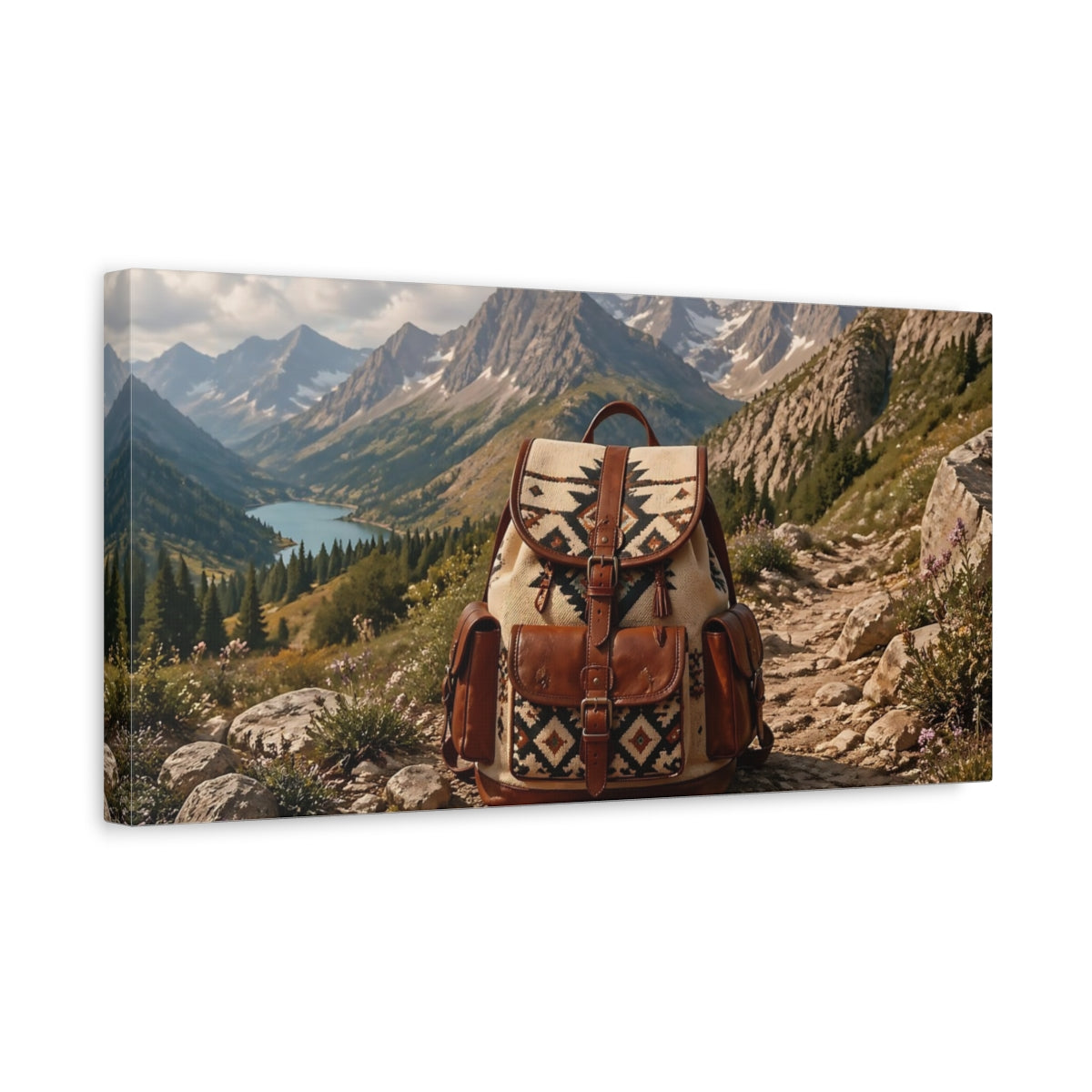 Side Mockup 3. Nature Backpack Rustic Mountain shown as stretched canvas wall art