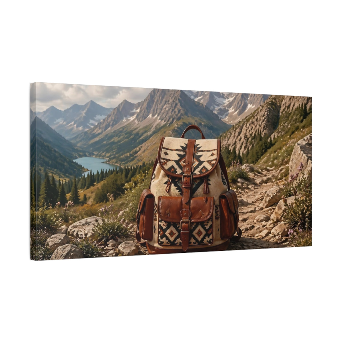 Side Mockup 1. Nature Backpack Rustic Mountain shown as stretched canvas wall art