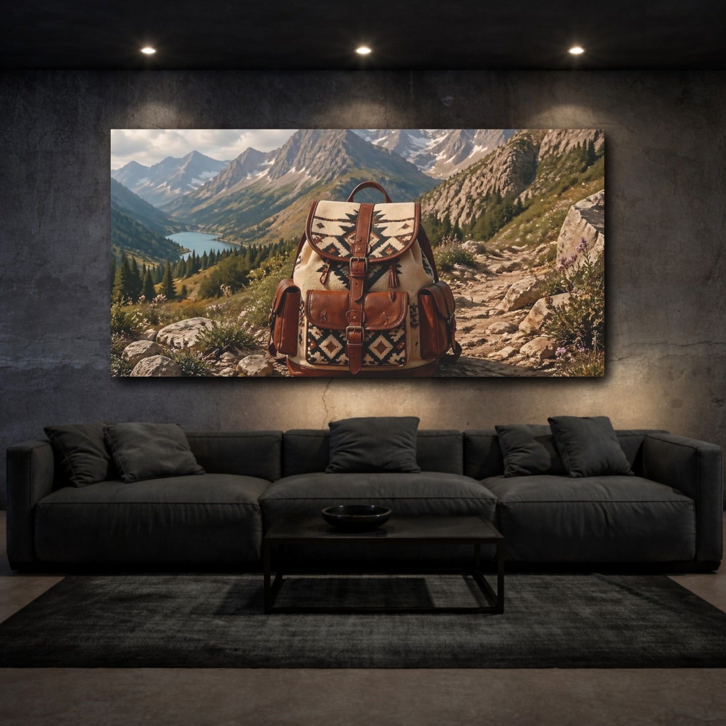 Mockup 2. Nature Backpack Rustic Mountain shown as stretched canvas wall art