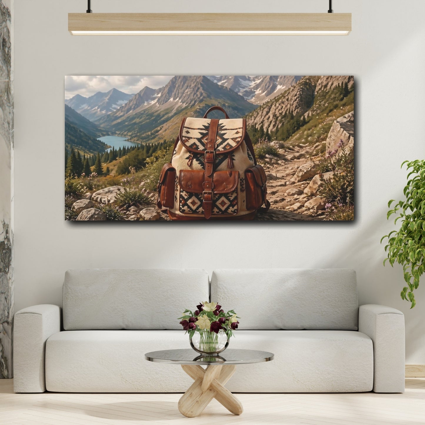 Mockup 3. Nature Backpack Rustic Mountain shown as stretched canvas wall art