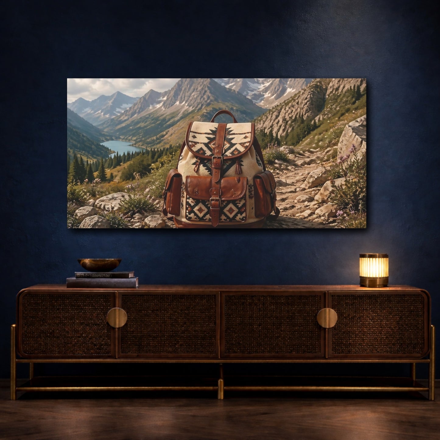 Mockup 4. Nature Backpack Rustic Mountain shown as stretched canvas wall art