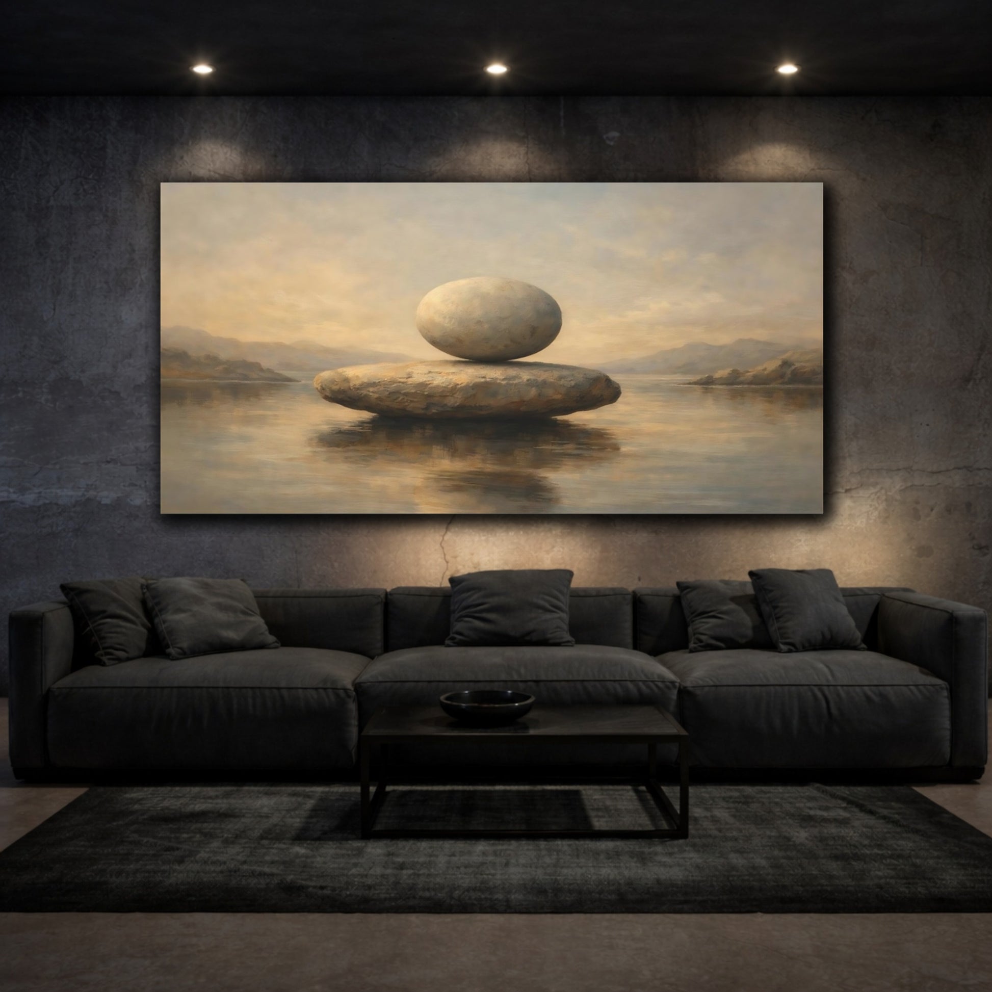 Mockup 2. Nature Balanced Stones Earthy Tones shown as stretched canvas wall art