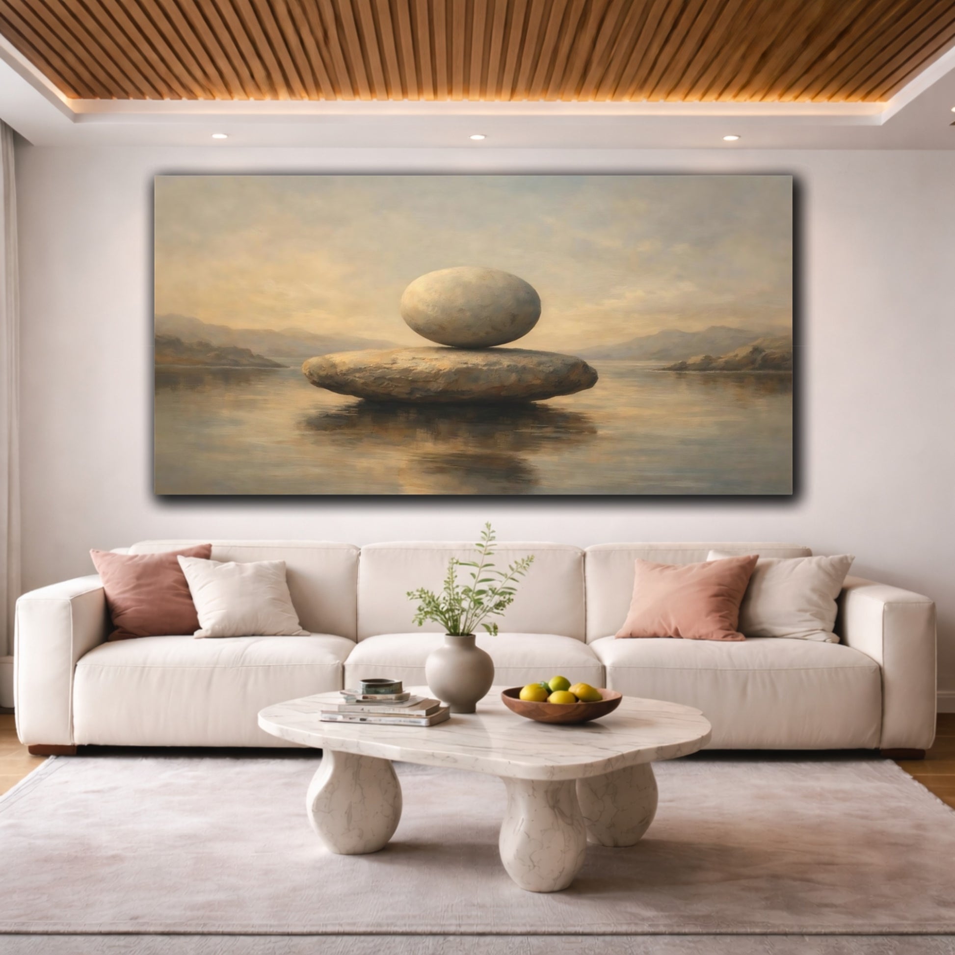 Mockup 3. Nature Balanced Stones Earthy Tones shown as stretched canvas wall art