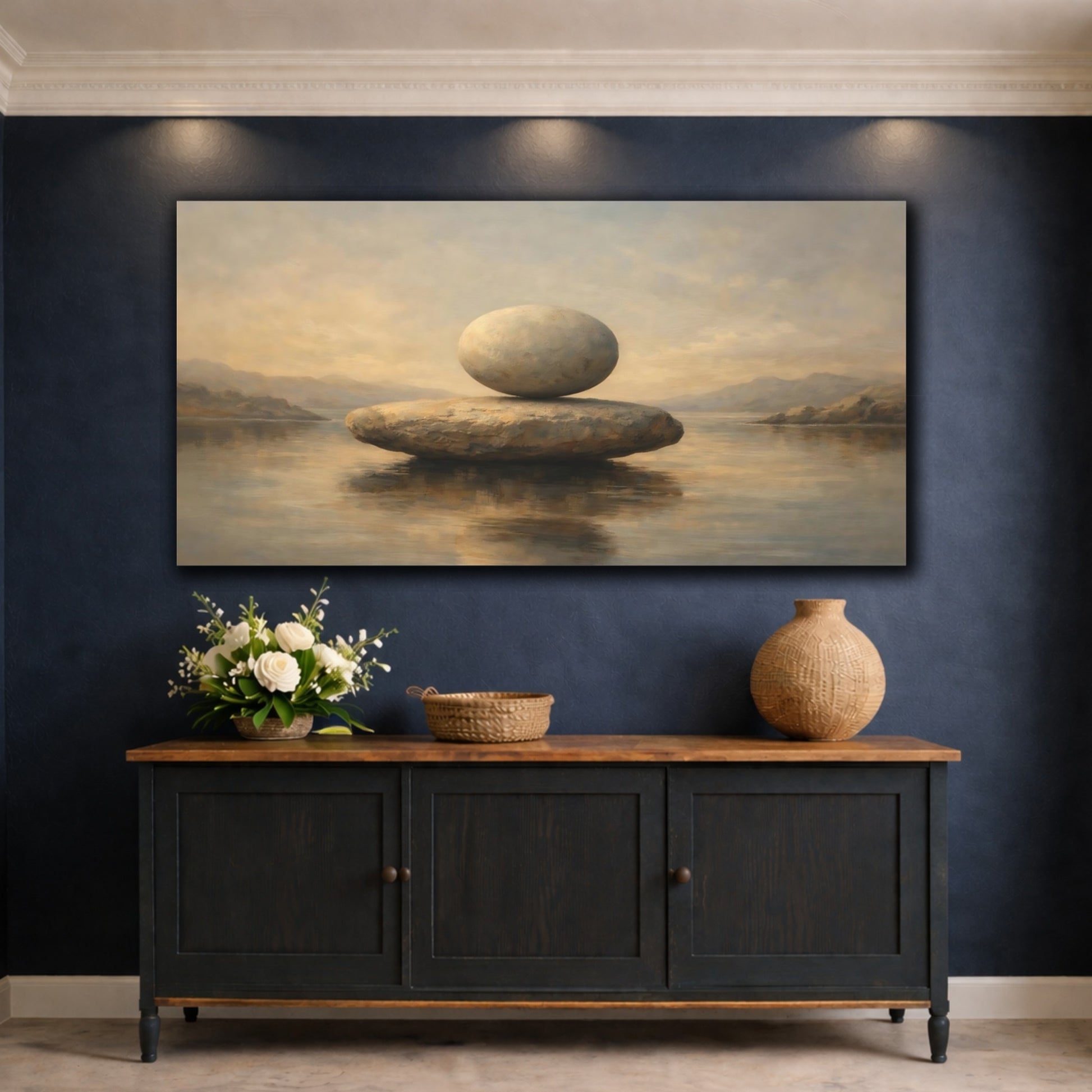 Mockup 4. Nature Balanced Stones Earthy Tones shown as stretched canvas wall art