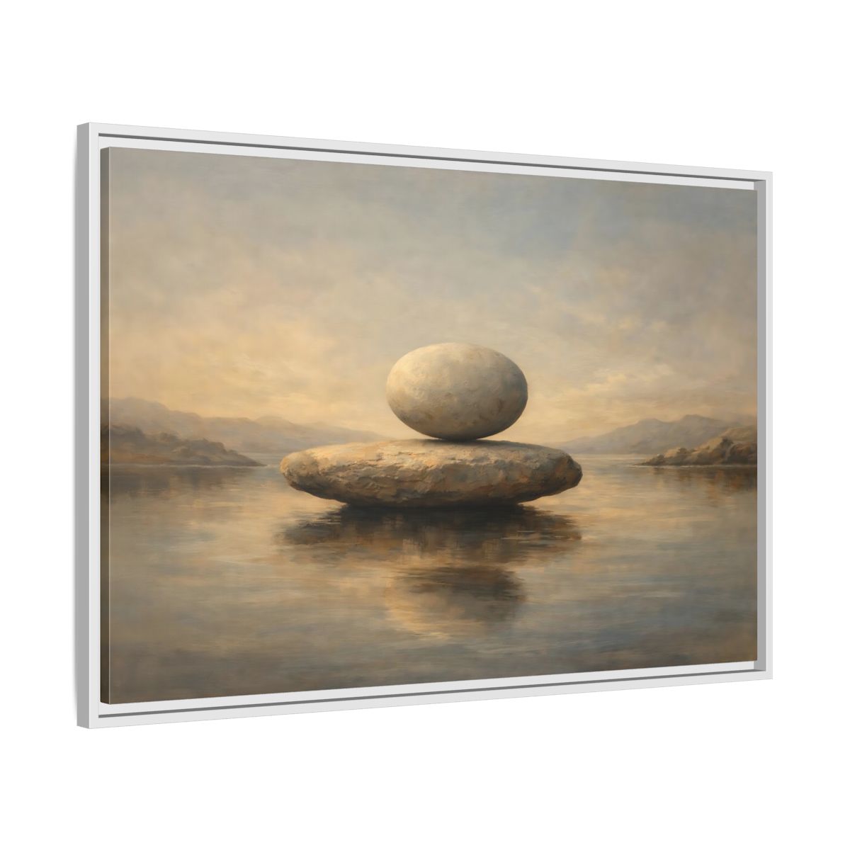 Side Mockup 8. Nature Balanced Stones Neutral Tones shown as stretched canvas wall art