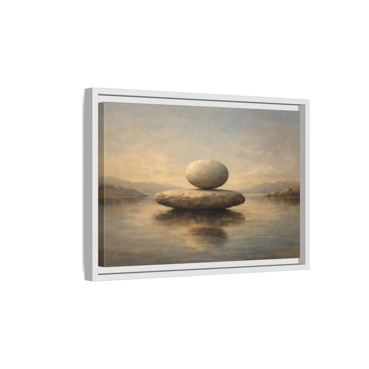 Side Mockup 4. Nature Balanced Stones Neutral Tones shown as stretched canvas wall art