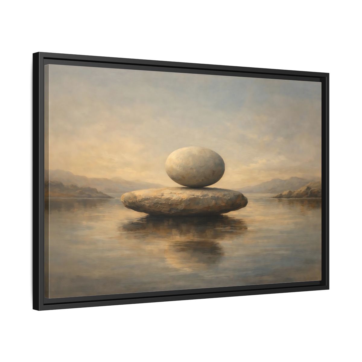 Side Mockup 14. Nature Balanced Stones Neutral Tones shown as stretched canvas wall art