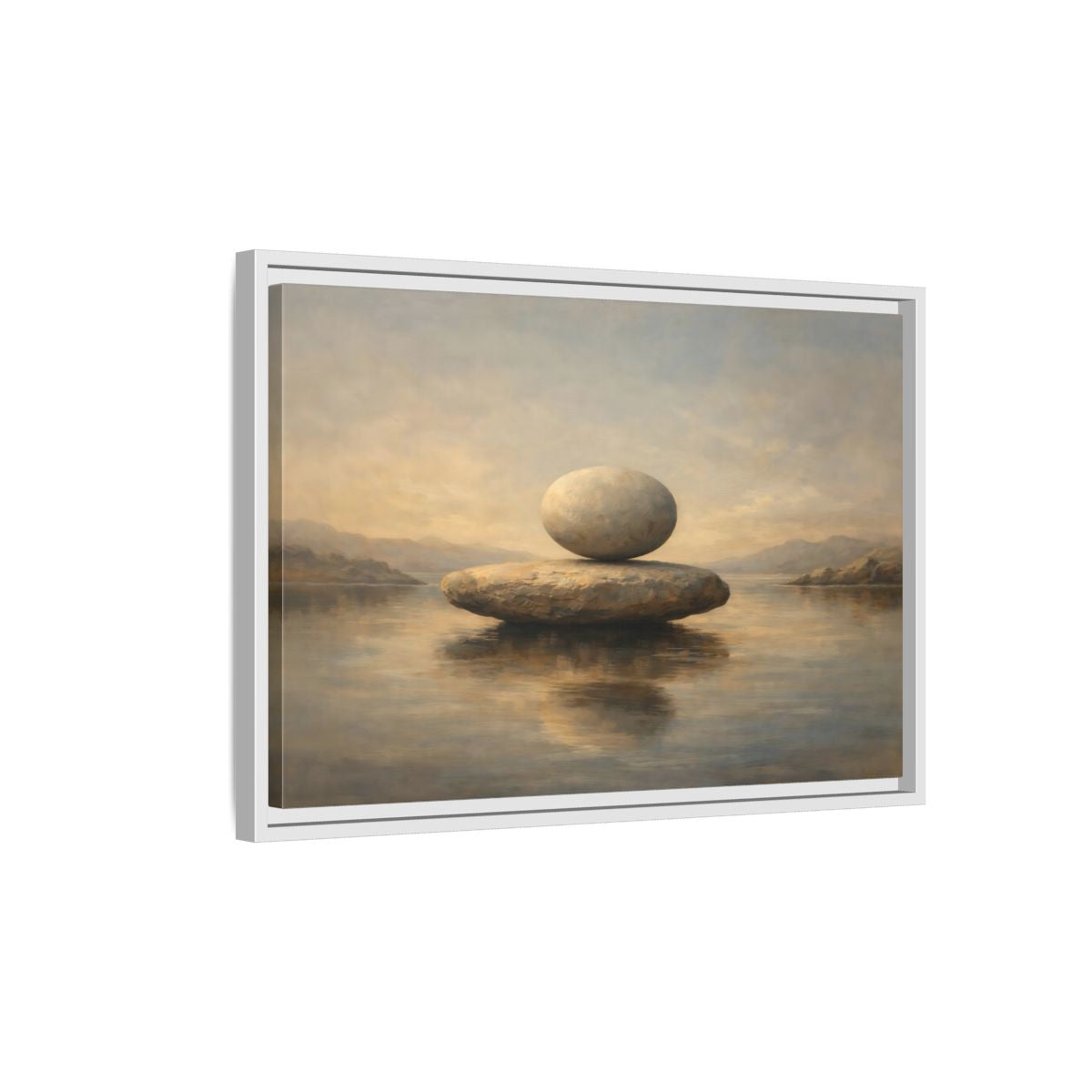 Side Mockup 1. Nature Balanced Stones Neutral Tones shown as stretched canvas wall art