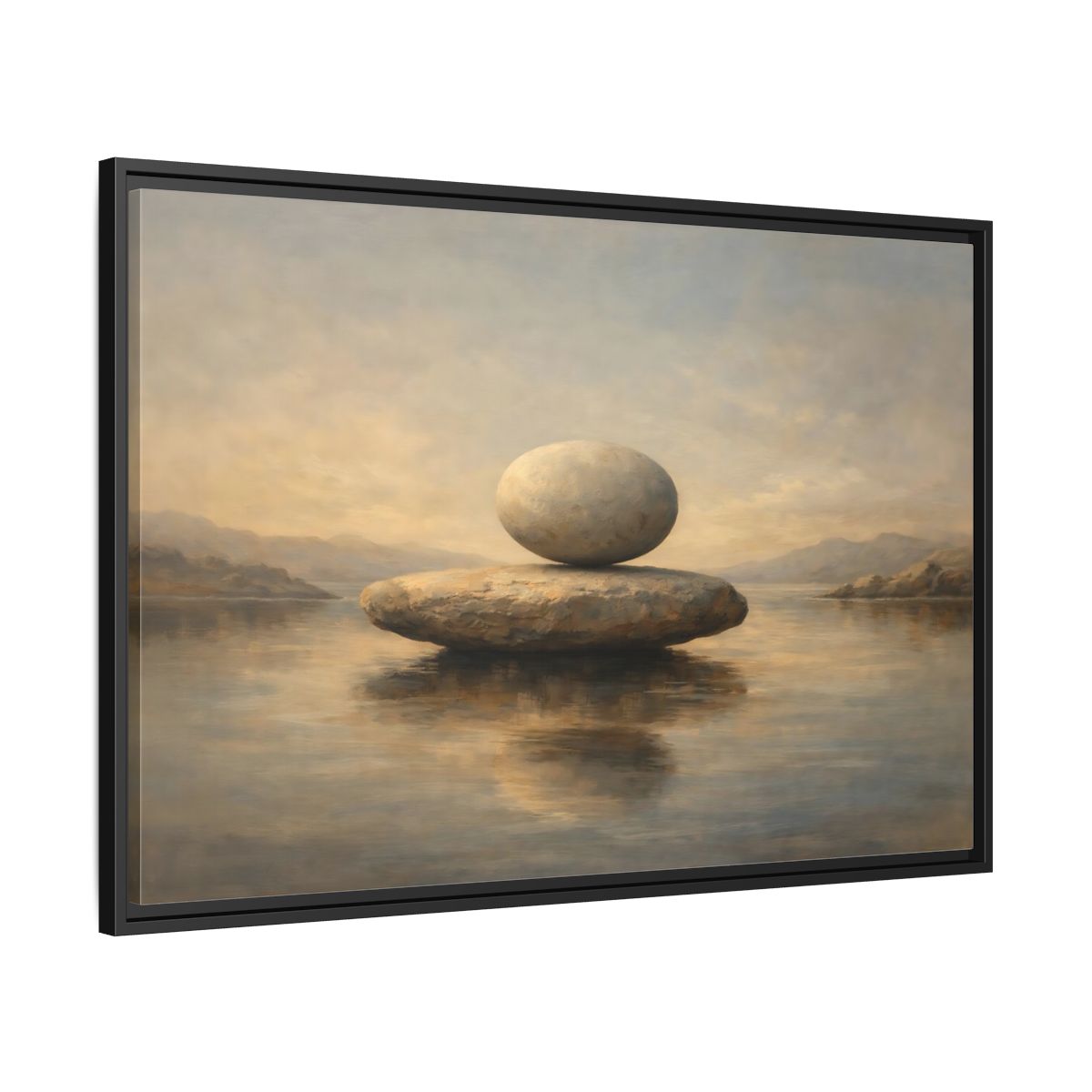 Side Mockup 13. Nature Balanced Stones Neutral Tones shown as stretched canvas wall art