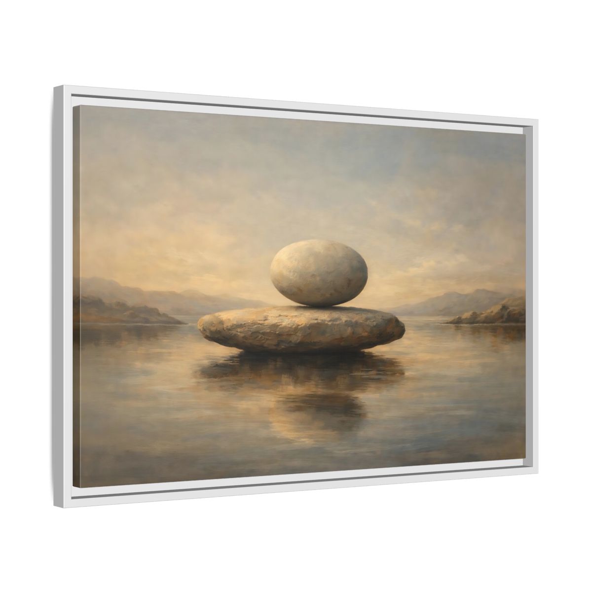 Side Mockup 10. Nature Balanced Stones Neutral Tones shown as stretched canvas wall art