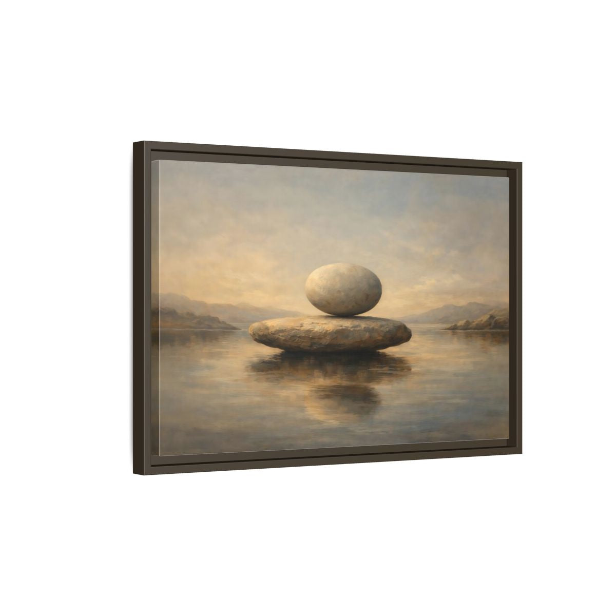 Side Mockup 2. Nature Balanced Stones Neutral Tones shown as stretched canvas wall art
