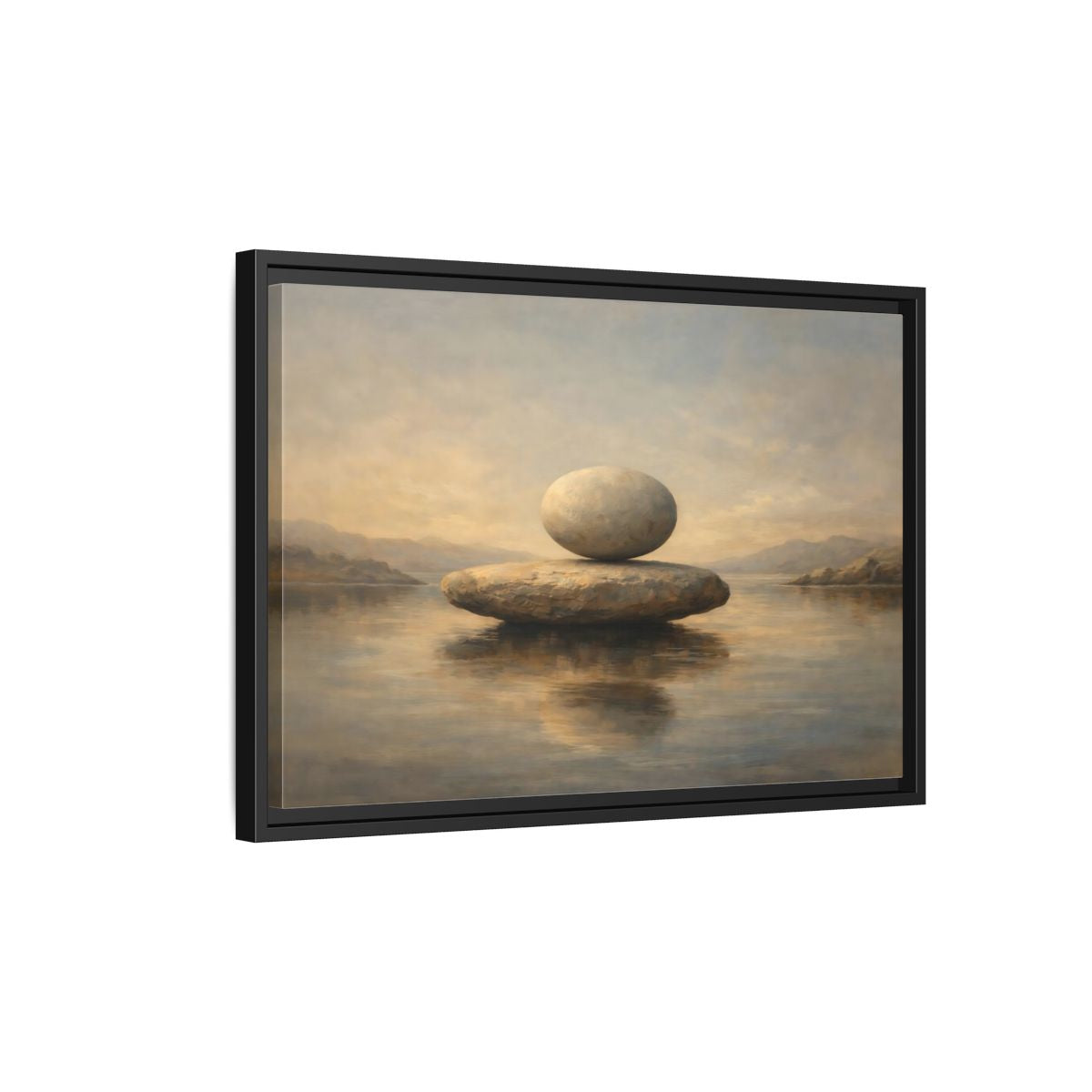 Side Mockup 3. Nature Balanced Stones Neutral Tones shown as stretched canvas wall art