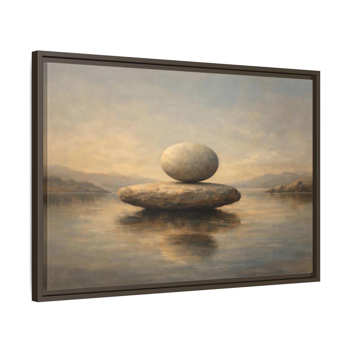 Side Mockup 11. Nature Balanced Stones Neutral Tones shown as stretched canvas wall art