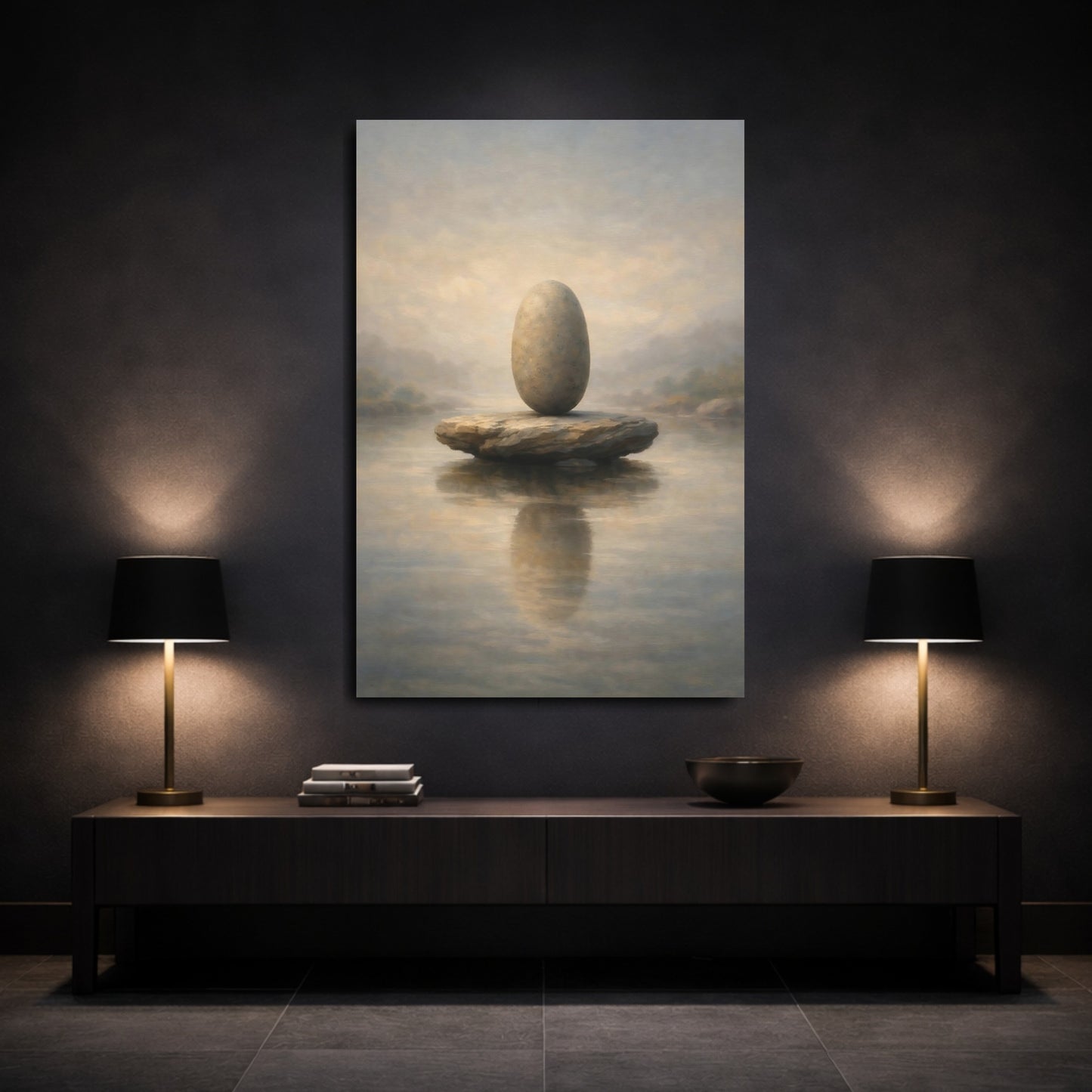 Mockup 2. Nature Balanced Stones Neutral Tones shown as stretched canvas wall art