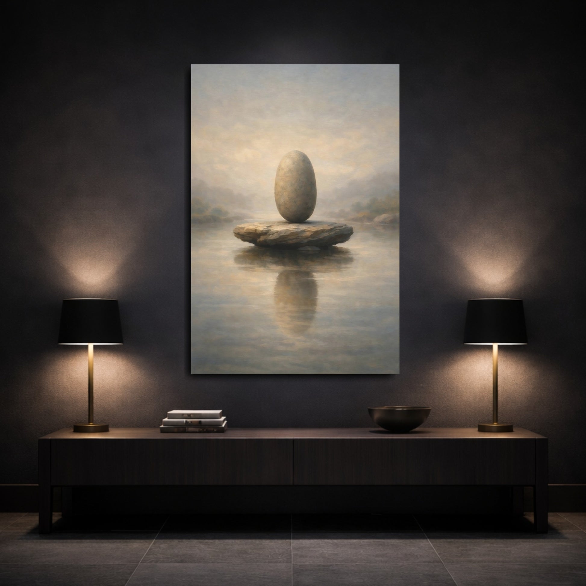 Mockup 2. Nature Balanced Stones Neutral Tones shown as stretched canvas wall art