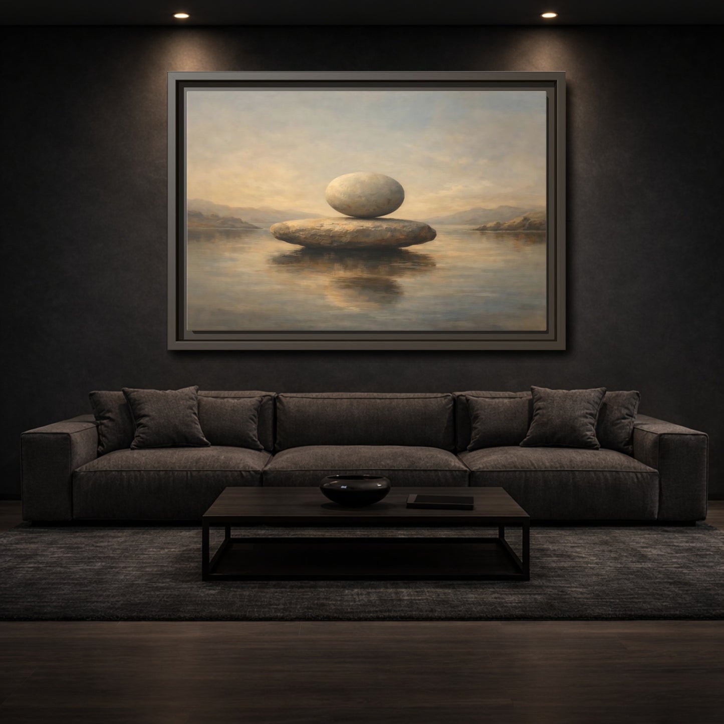 Mockup 2. Nature Balanced Stones Neutral Tones shown as stretched canvas wall art