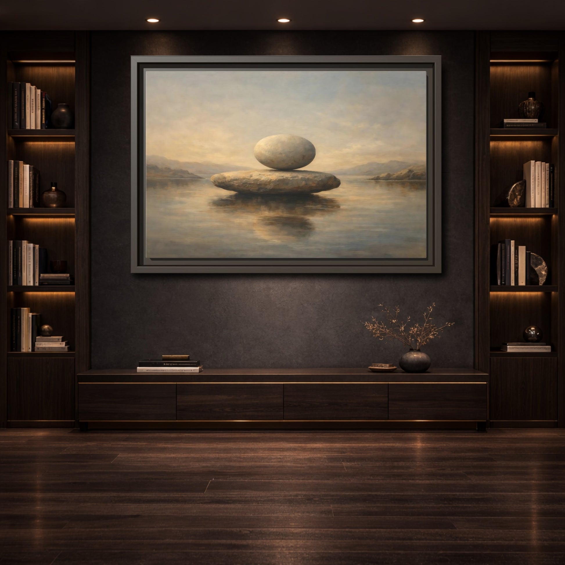 Mockup 3. Nature Balanced Stones Neutral Tones shown as stretched canvas wall art