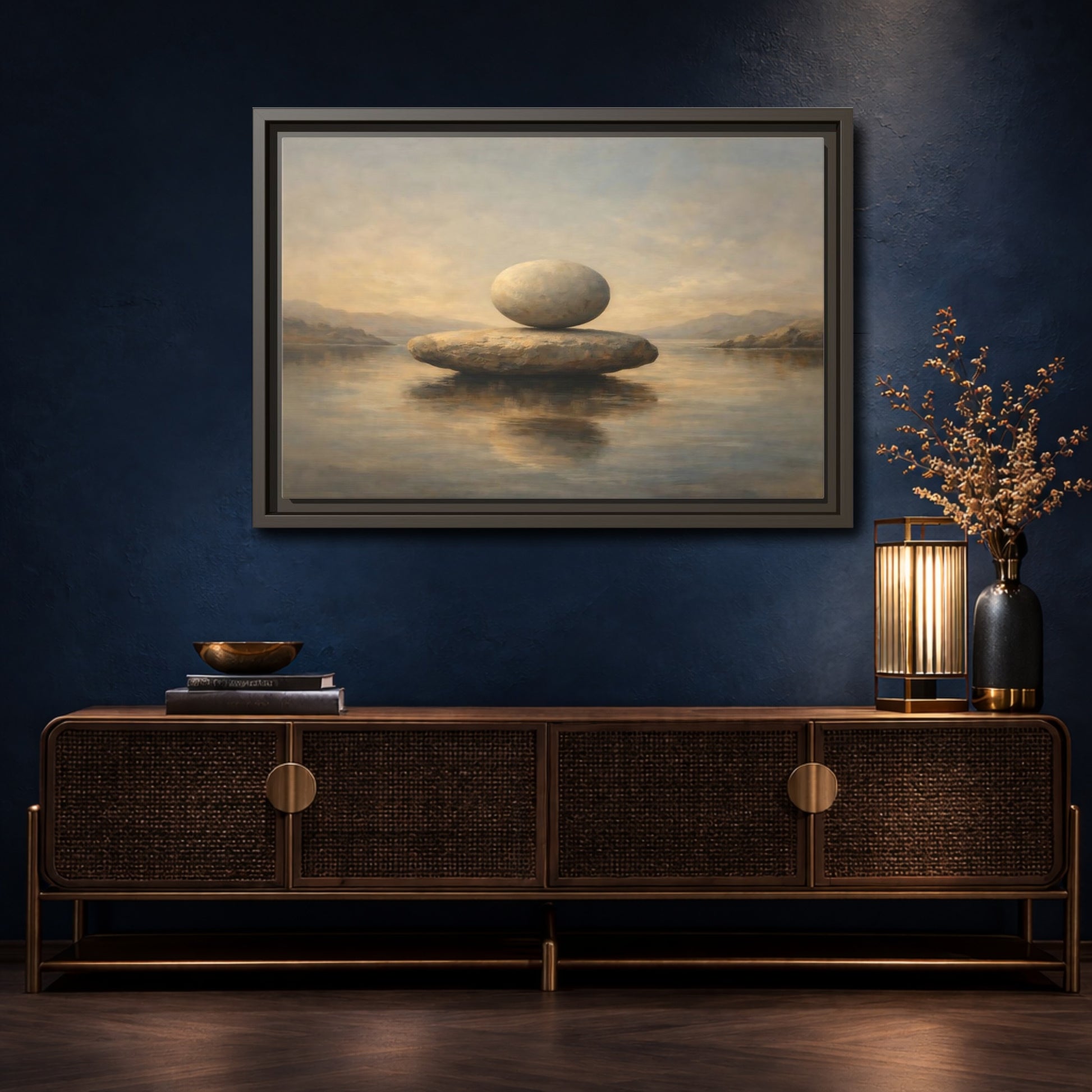 Mockup 4. Nature Balanced Stones Neutral Tones shown as stretched canvas wall art