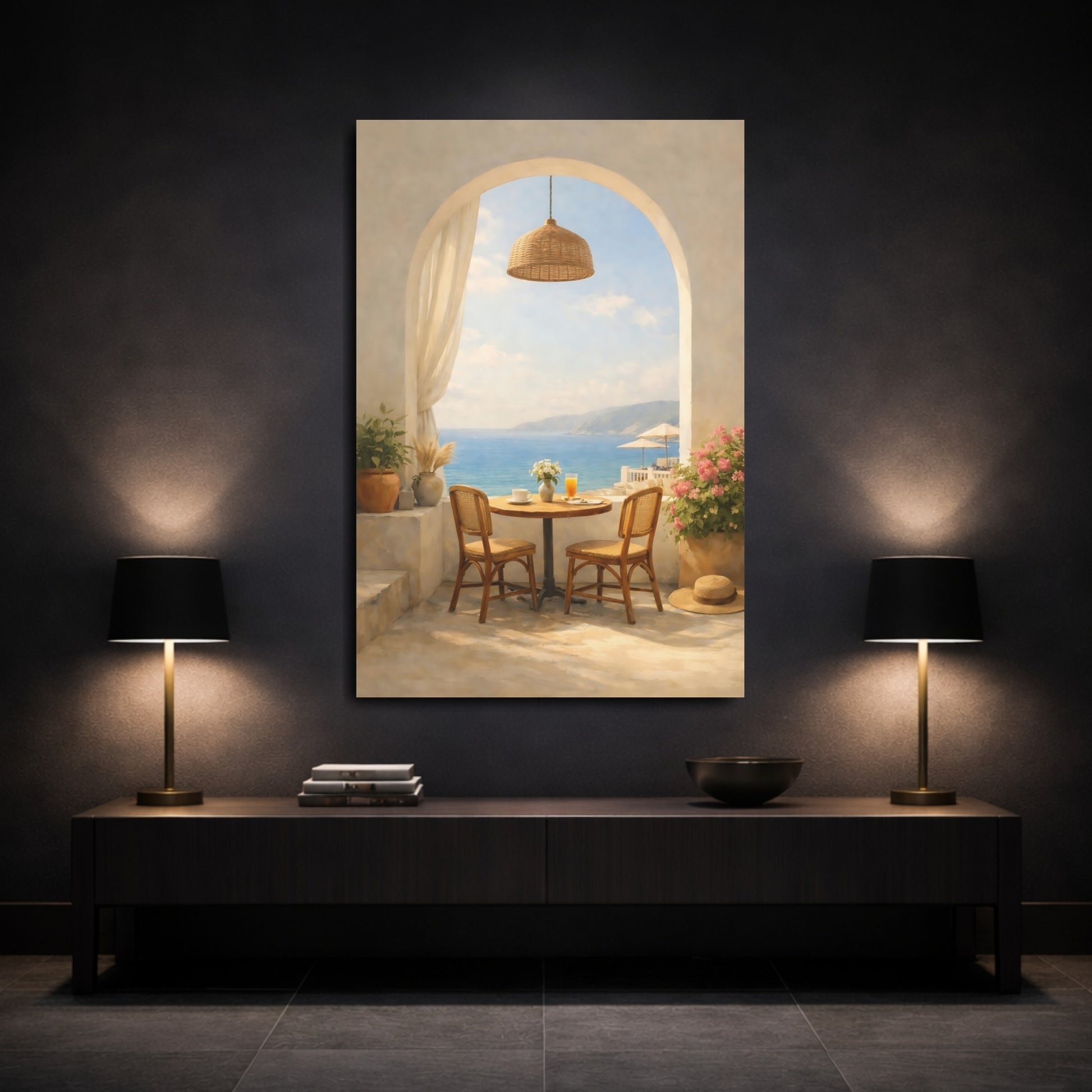 Mockup 2. Nature Balcony View Mediterranean Balcony shown as stretched canvas wall art