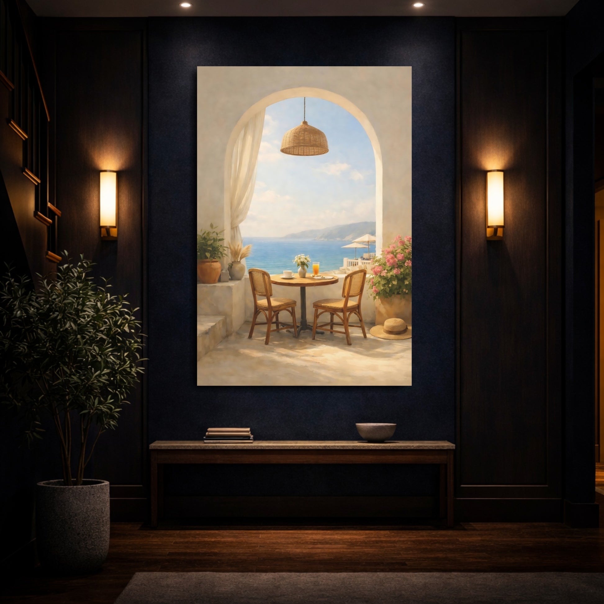 Mockup 3. Nature Balcony View Mediterranean Balcony shown as stretched canvas wall art