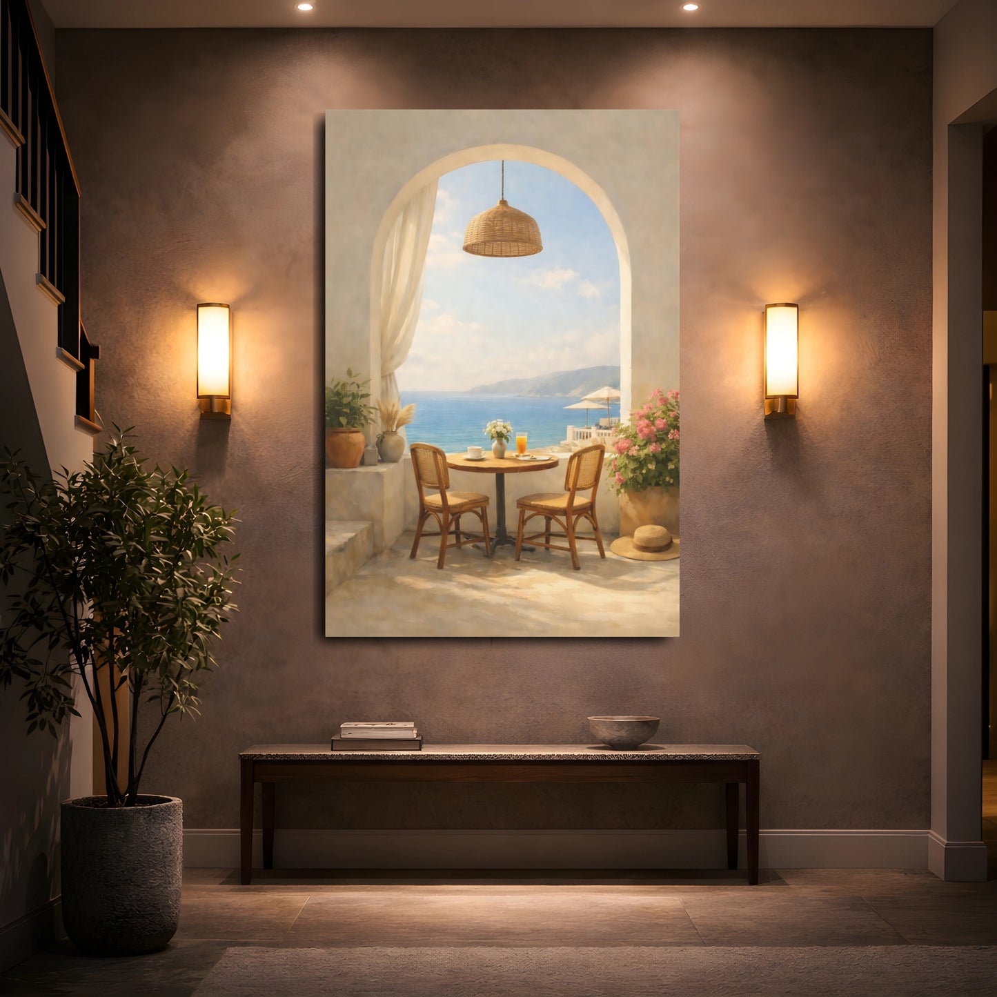 Mockup 4. Nature Balcony View Mediterranean Balcony shown as stretched canvas wall art