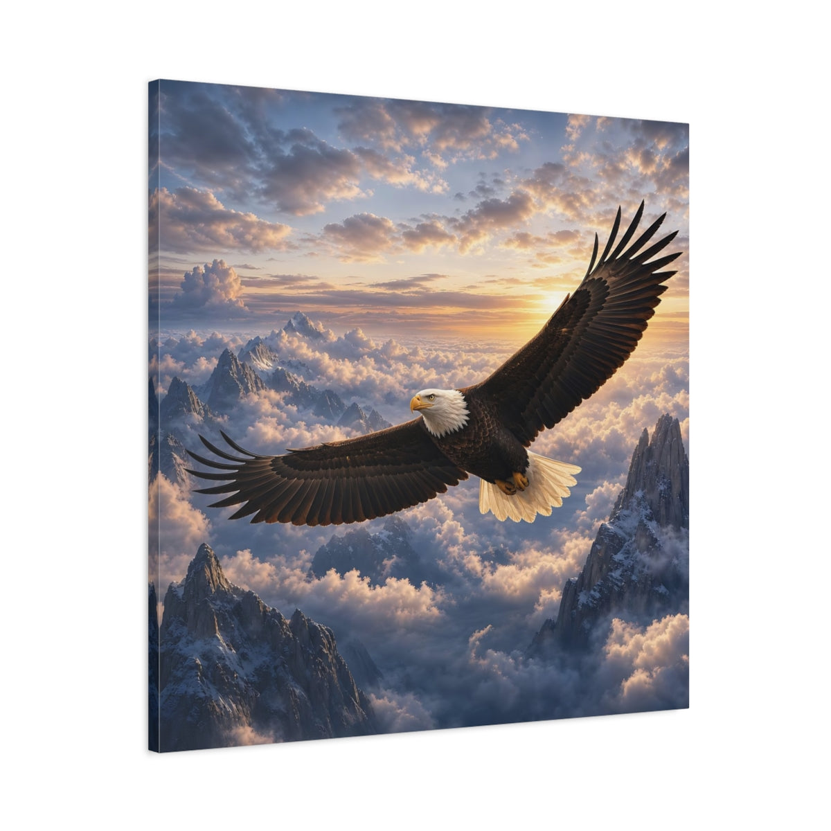 Main Mockup. Nature Bald Eagle Eagle Mountain Sunset shown as stretched canvas wall art