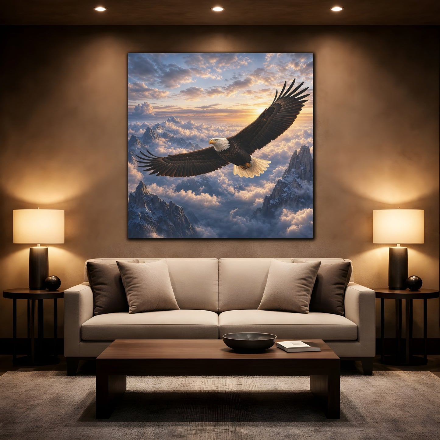 Mockup 2. Nature Bald Eagle Eagle Mountain Sunset shown as stretched canvas wall art