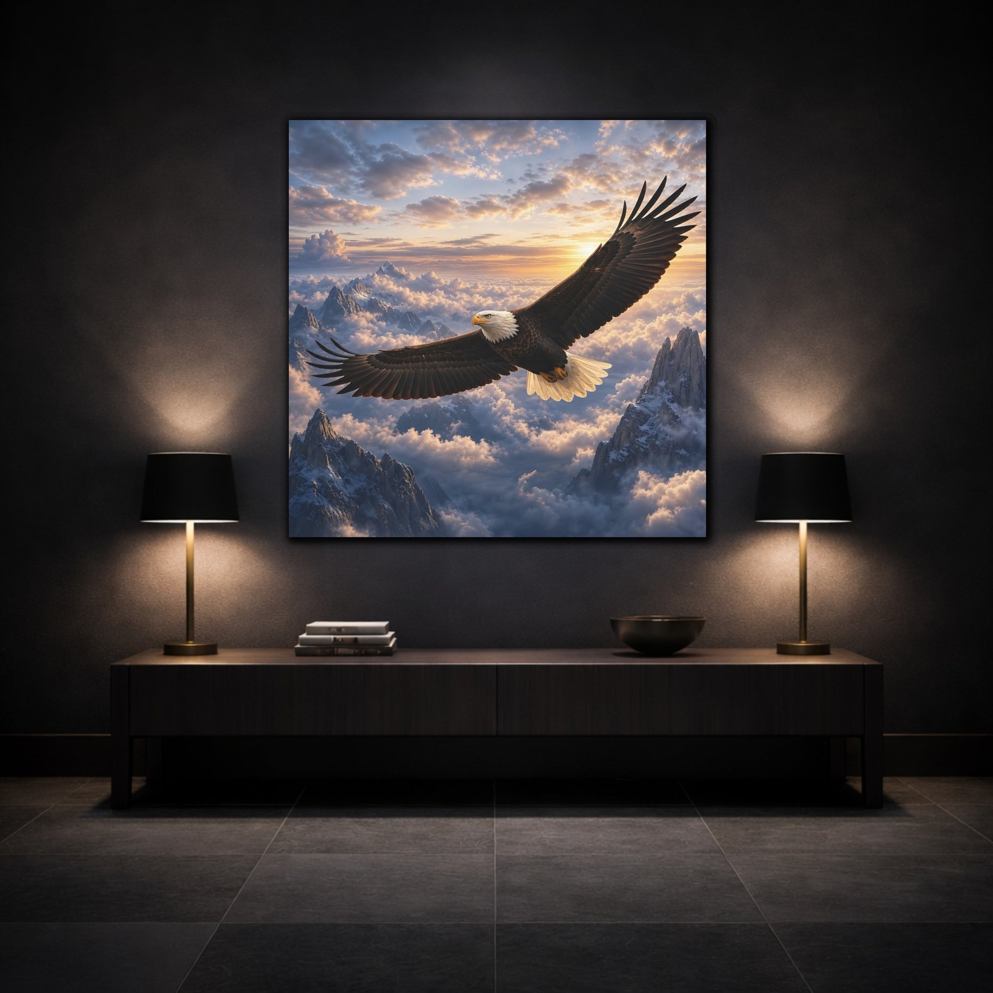 Mockup 3. Nature Bald Eagle Eagle Mountain Sunset shown as stretched canvas wall art