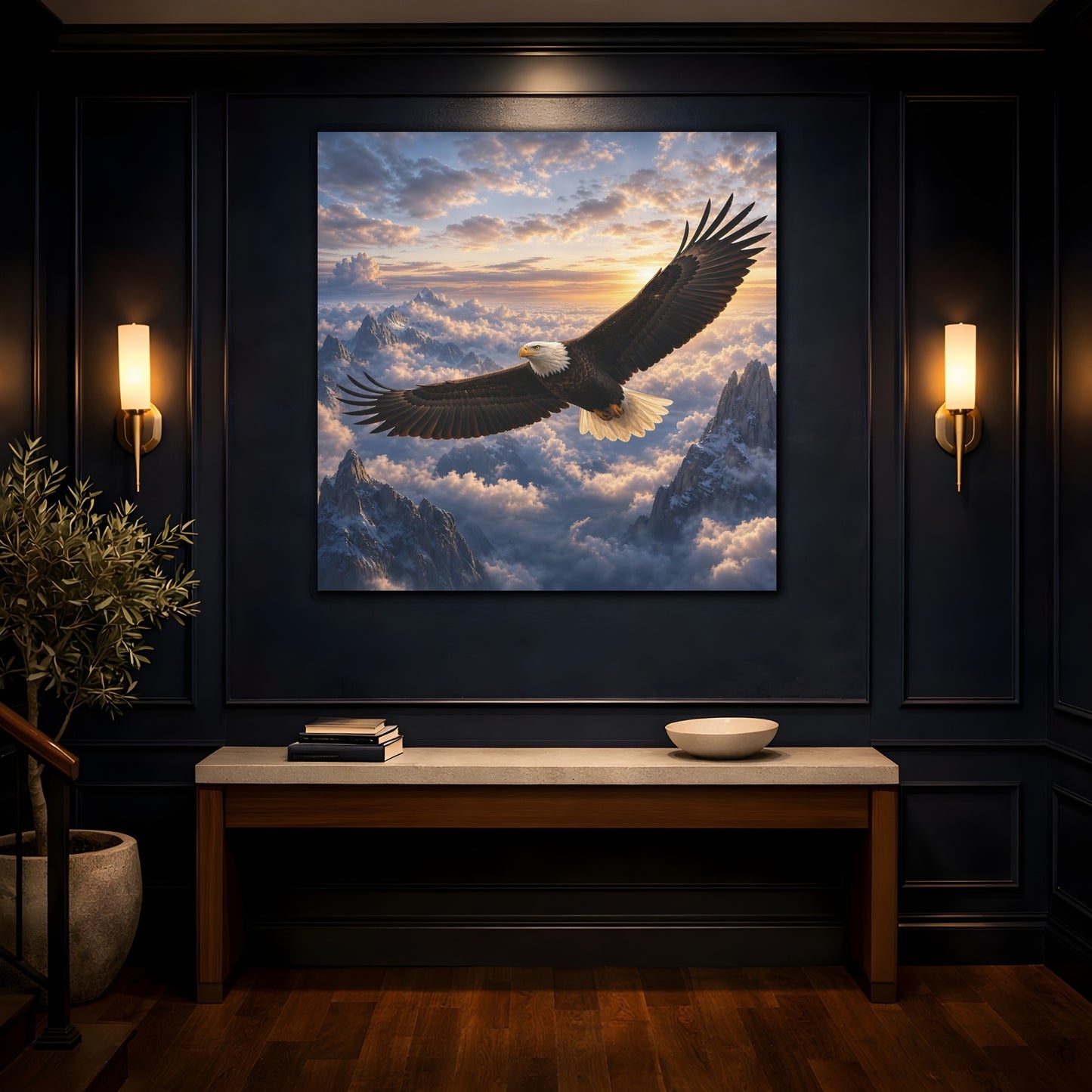 Mockup 4. Nature Bald Eagle Eagle Mountain Sunset shown as stretched canvas wall art
