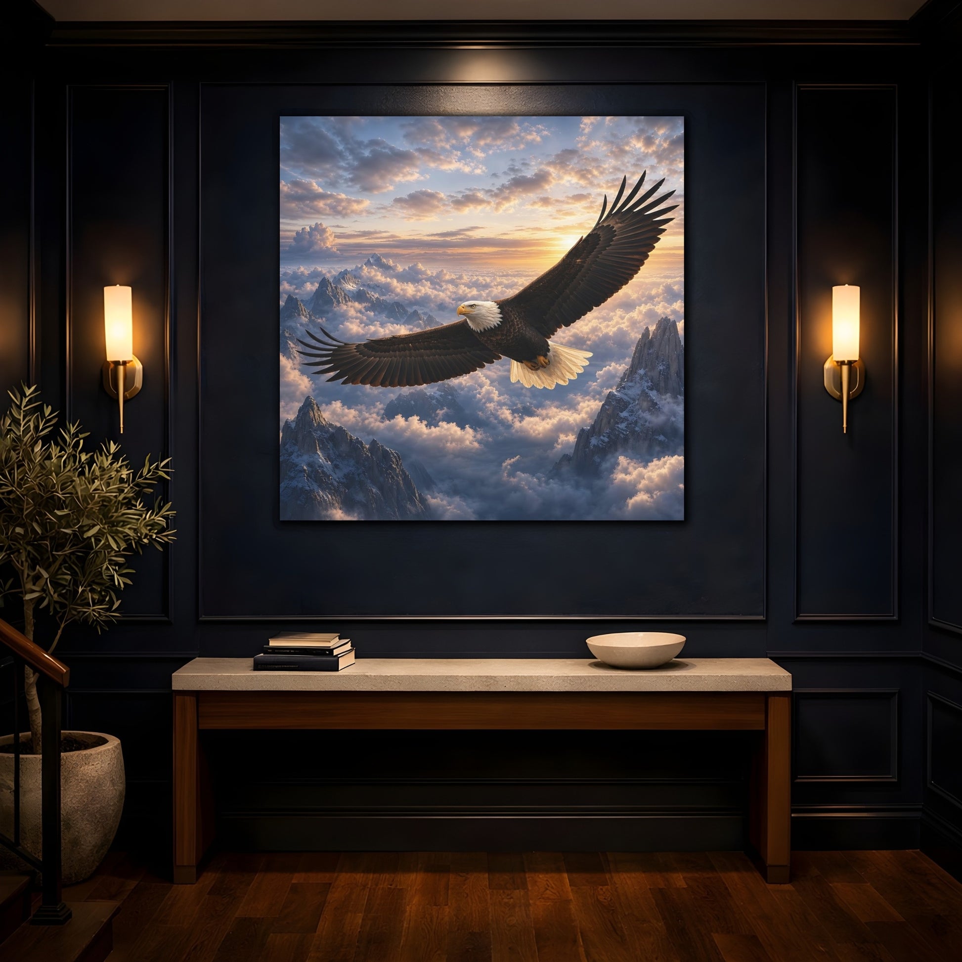 Mockup 4. Nature Bald Eagle Eagle Mountain Sunset shown as stretched canvas wall art
