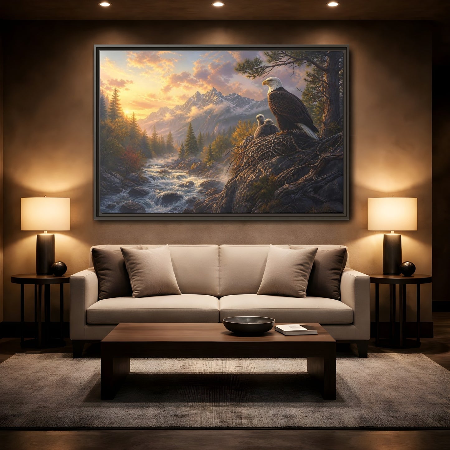 Mockup 2. Nature Bald Eagle Eagle Sunset Mountain shown as stretched canvas wall art