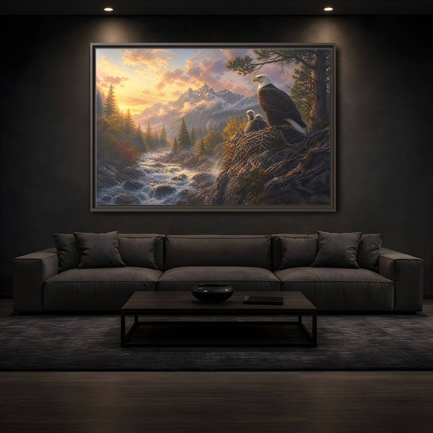 Mockup 3. Nature Bald Eagle Eagle Sunset Mountain shown as stretched canvas wall art