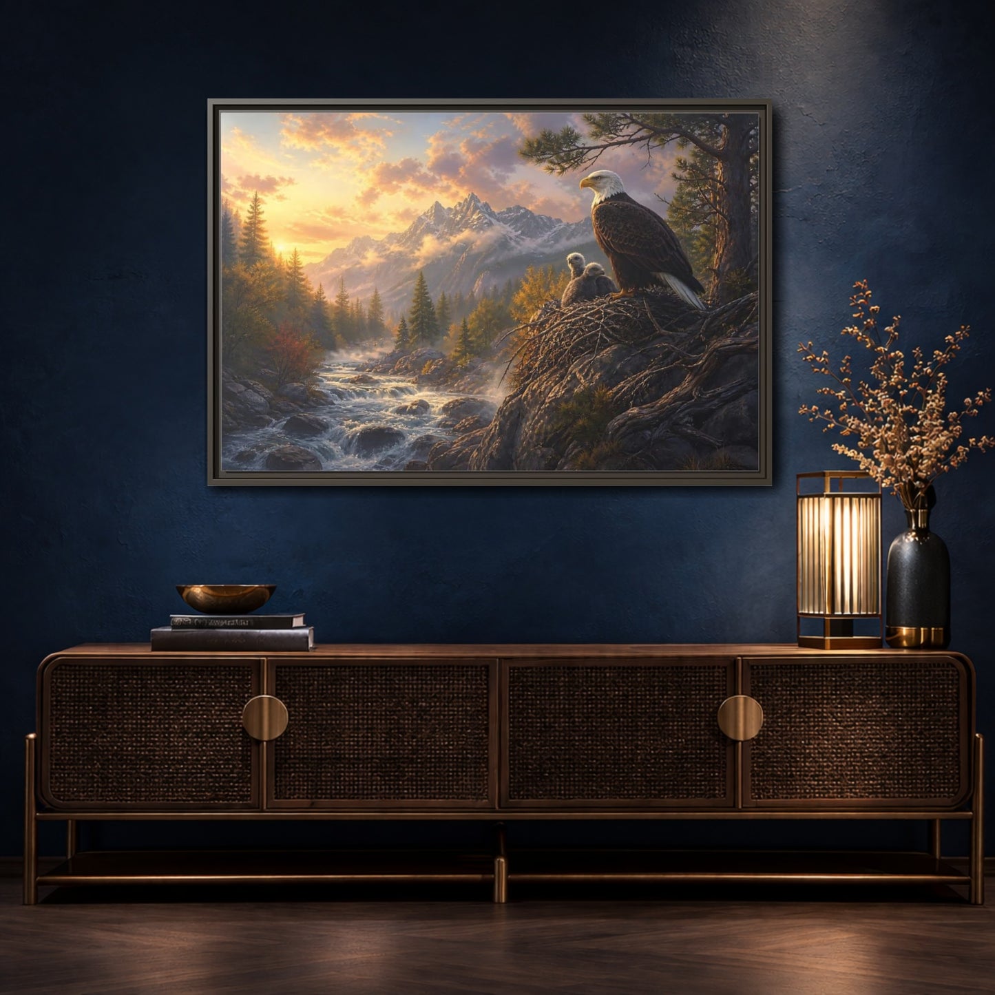 Mockup 4. Nature Bald Eagle Eagle Sunset Mountain shown as stretched canvas wall art