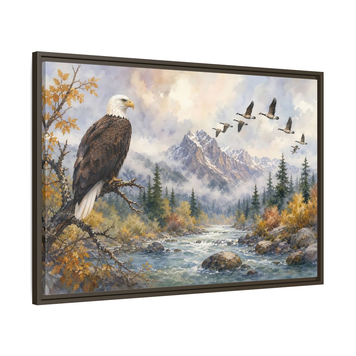 Main Mockup. Nature Bald Eagle Mountain River Eagle shown as stretched canvas wall art
