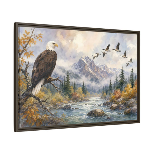 Main Mockup. Nature Bald Eagle Mountain River Eagle shown as stretched canvas wall art