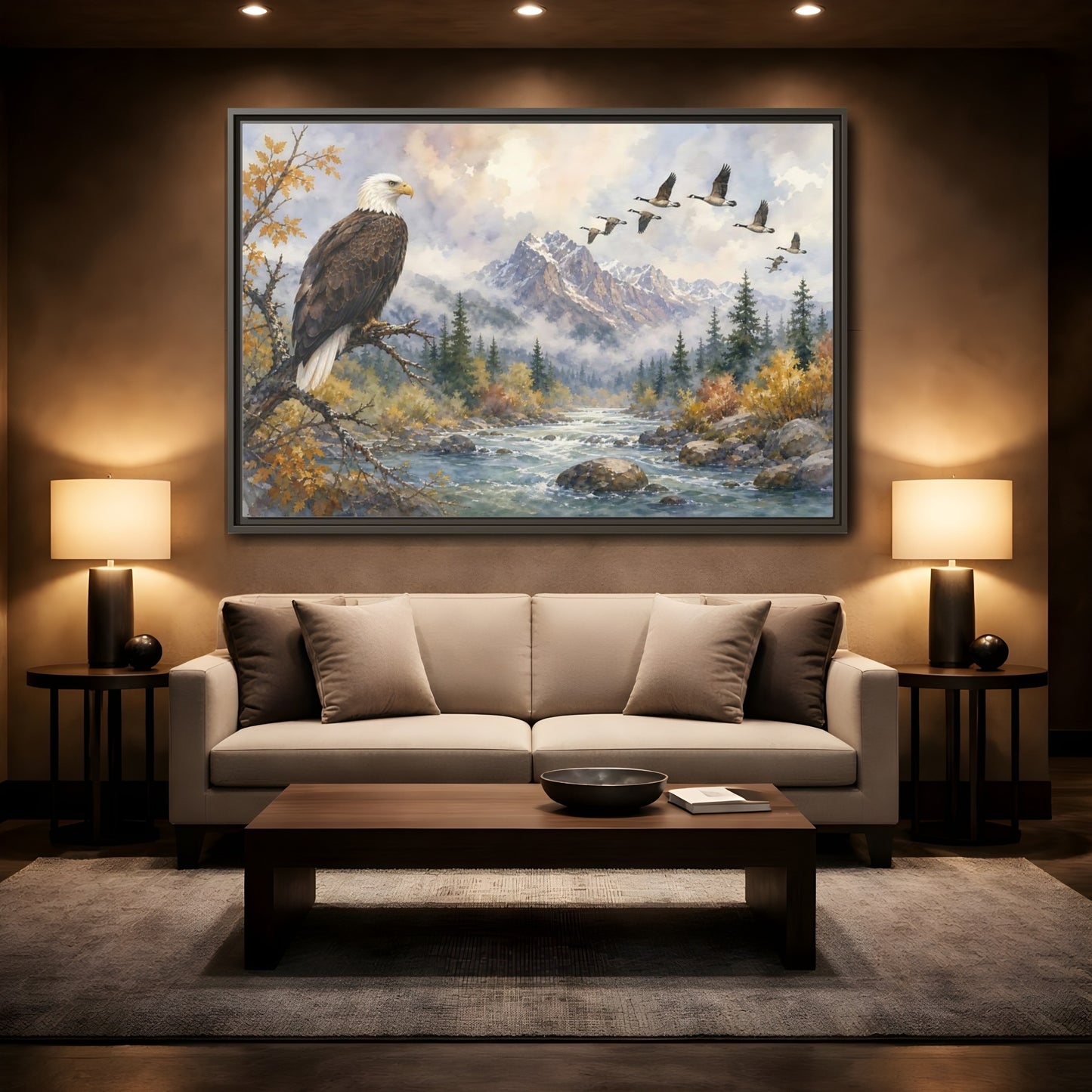 Mockup 2. Nature Bald Eagle Mountain River Eagle shown as stretched canvas wall art